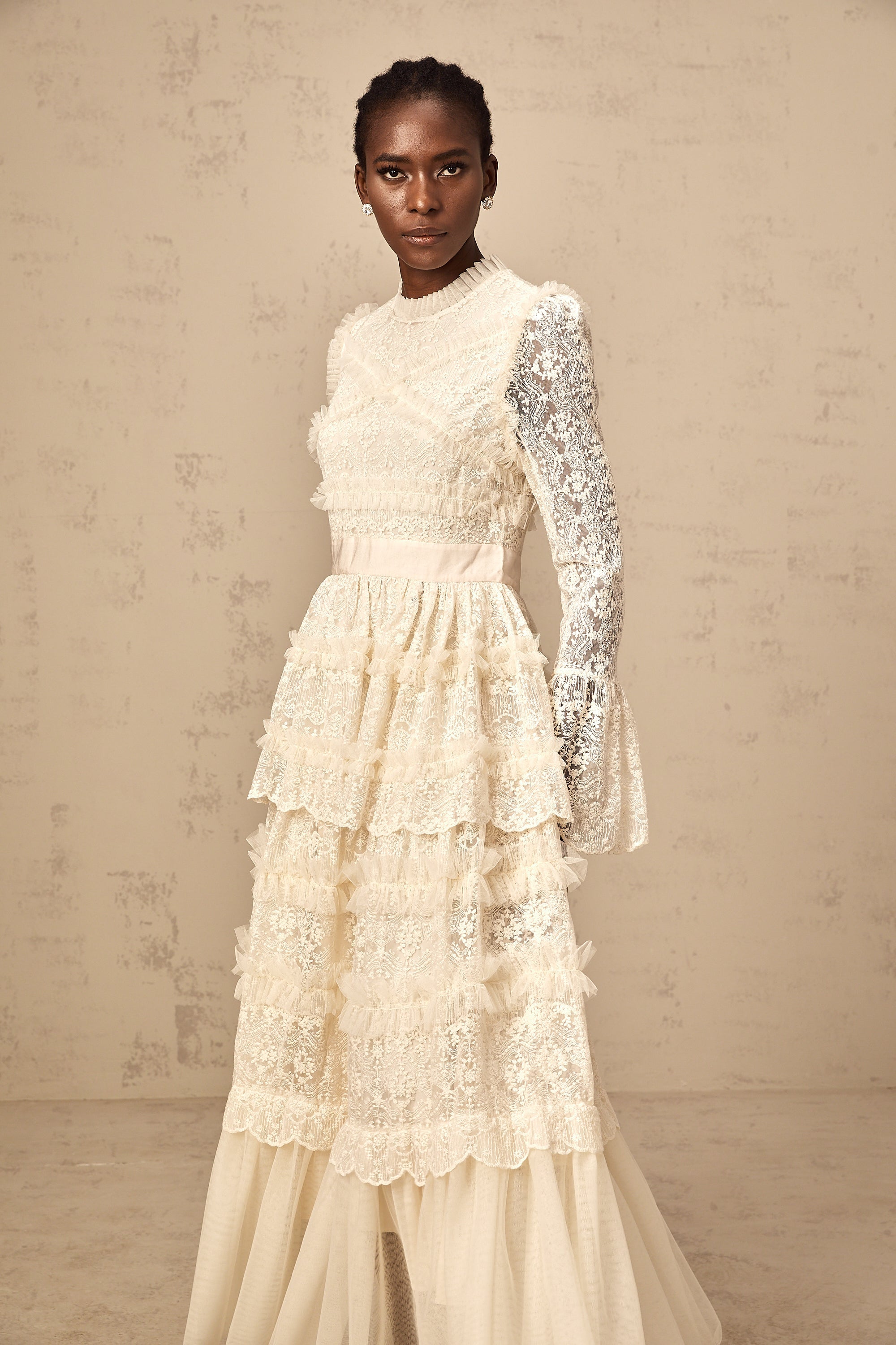 Agnès neutrals lace-panel ruffled tulle maxi dress