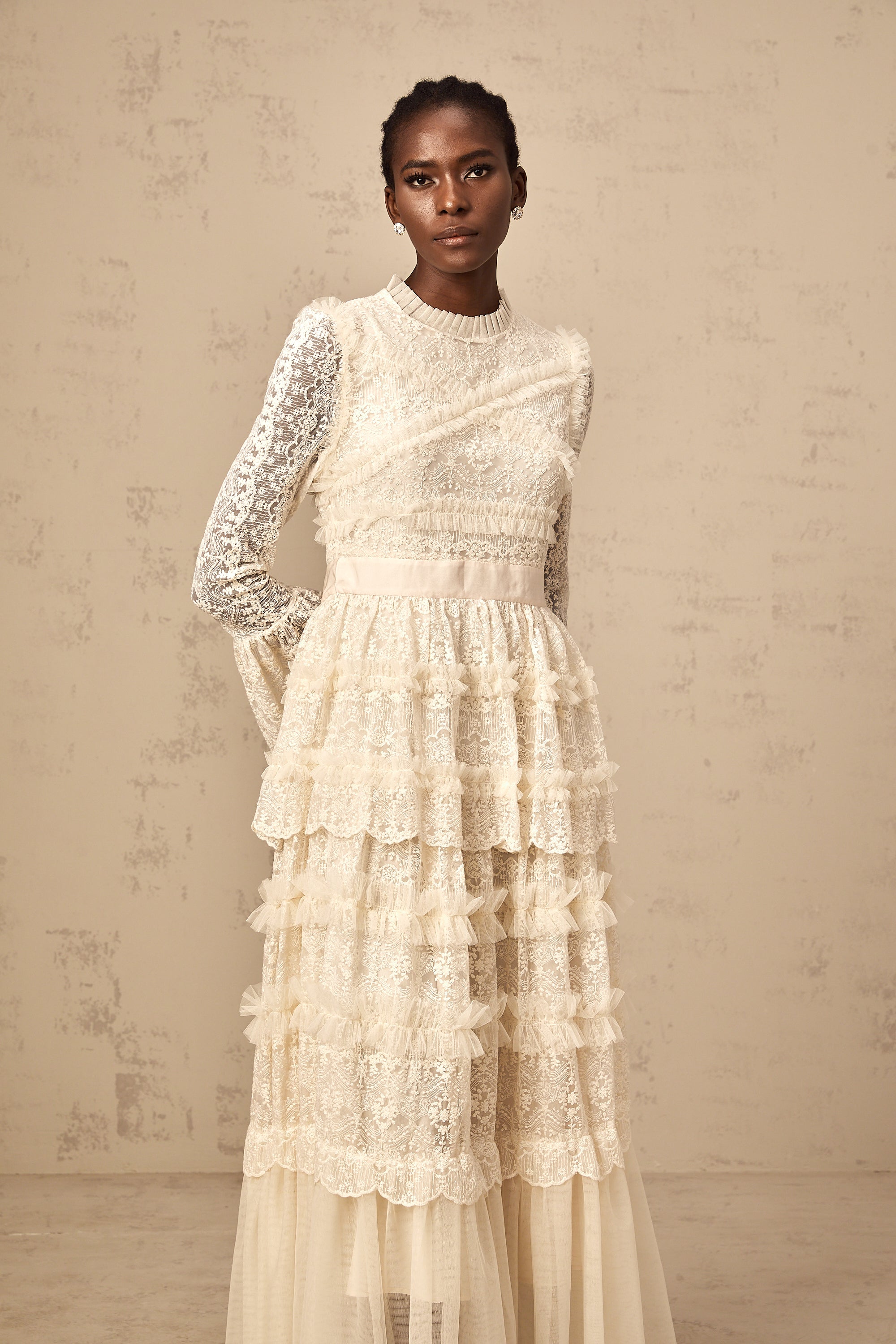 Agnès neutrals lace-panel ruffled tulle maxi dress