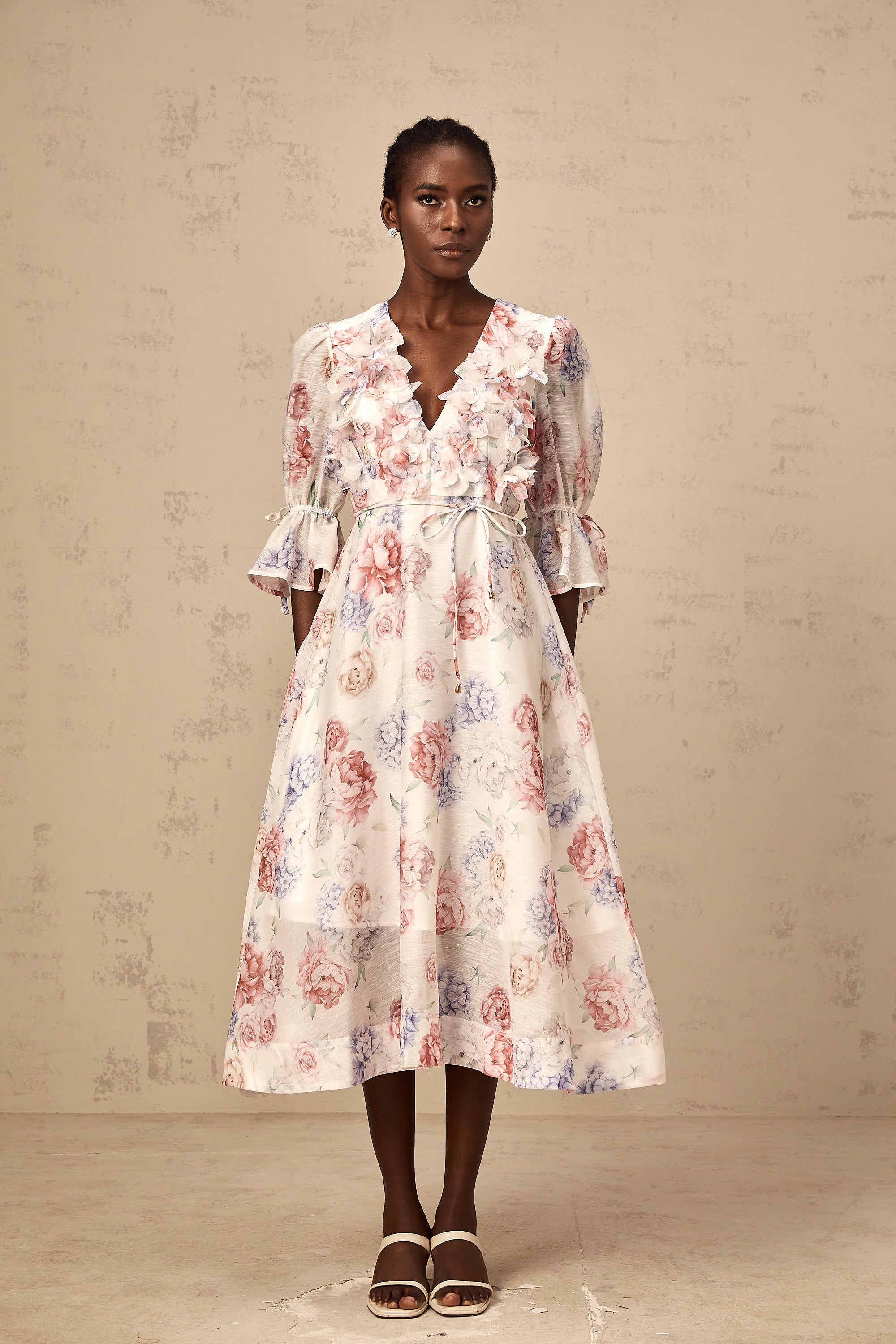 Téa 3d-petal floral-print midi dress