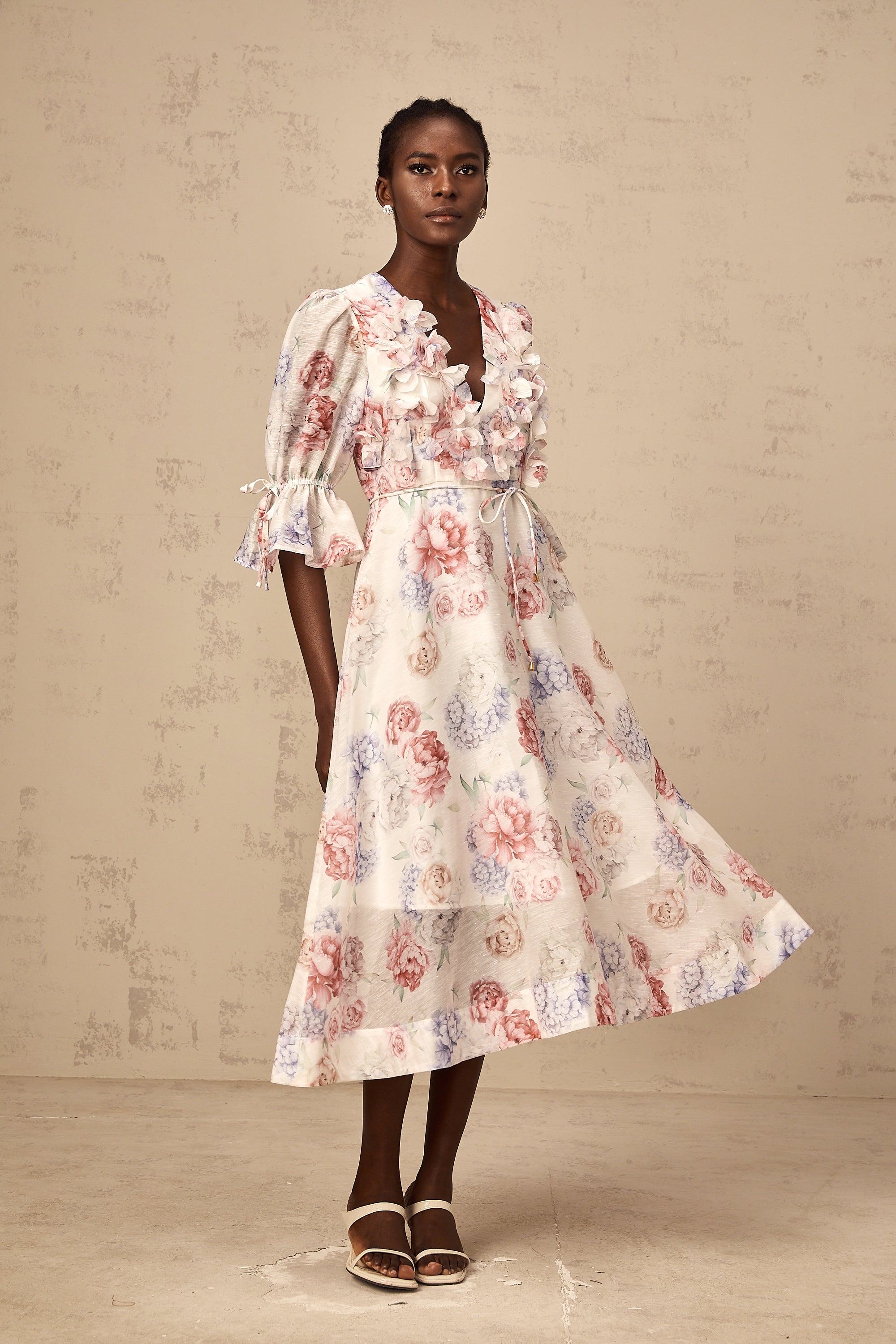 Téa 3d-petal floral-print midi dress
