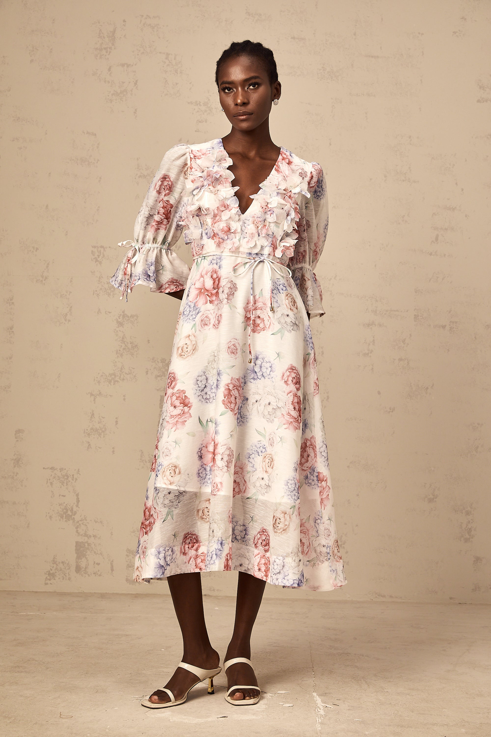 Téa 3d-petal floral-print midi dress