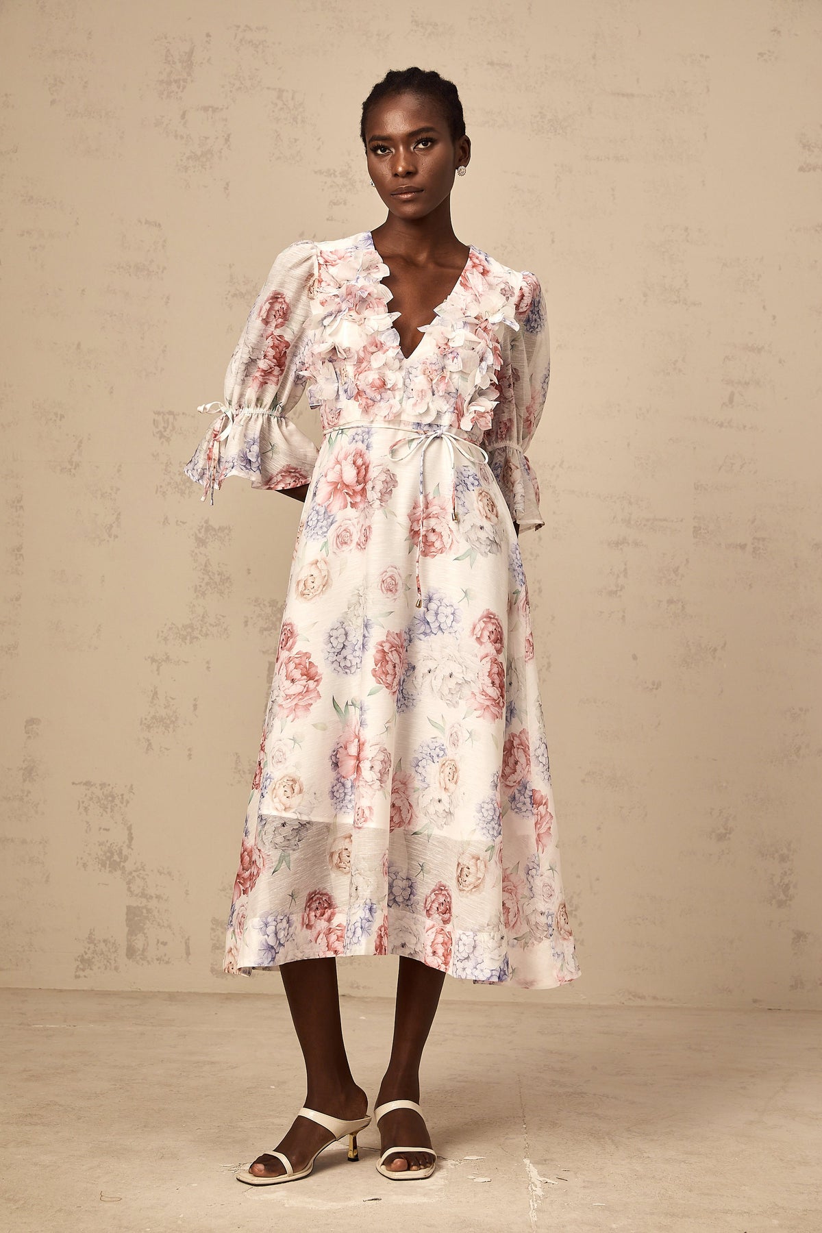 Téa 3d-petal floral-print midi dress