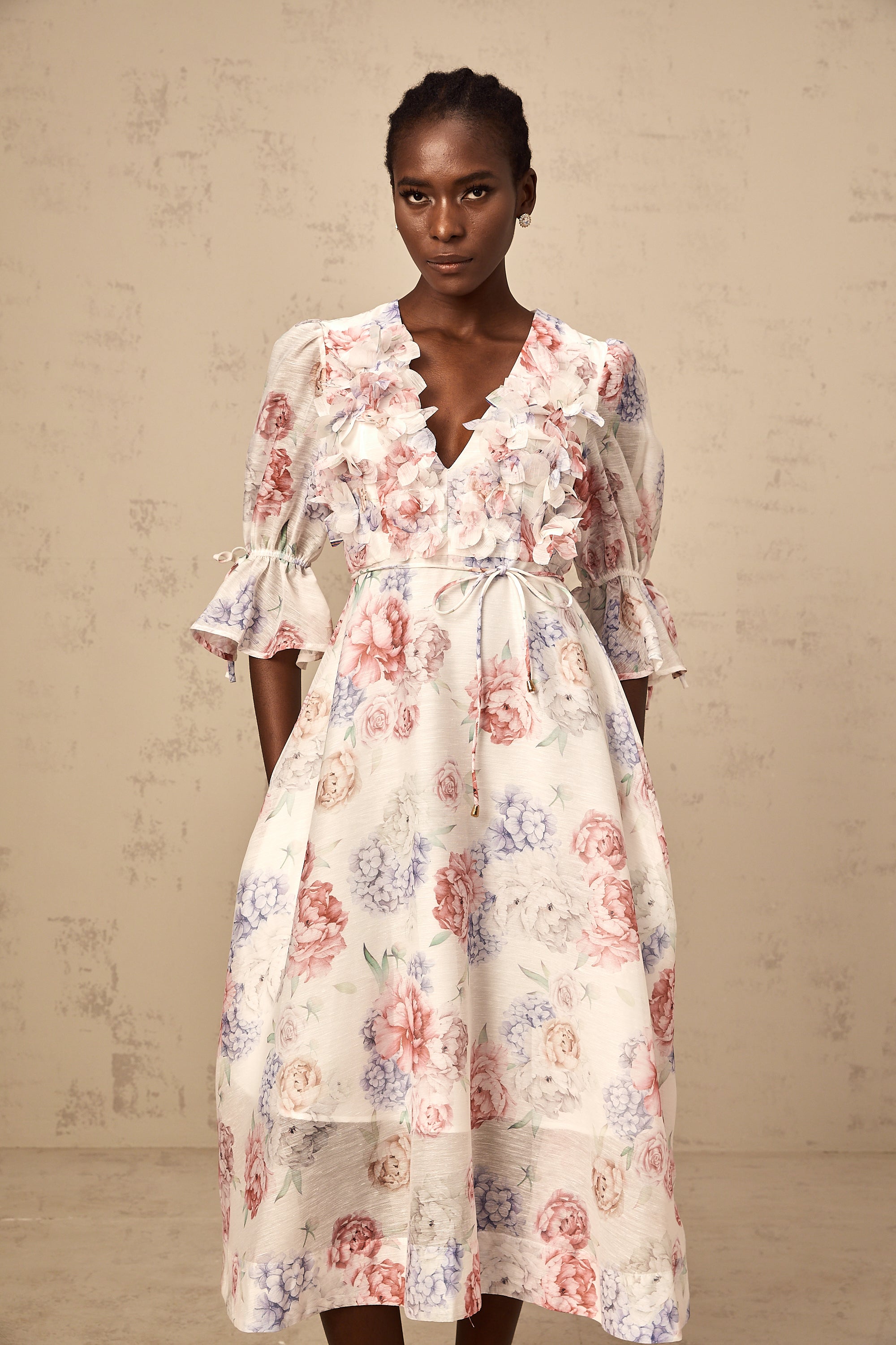 Téa 3d-petal floral-print midi dress