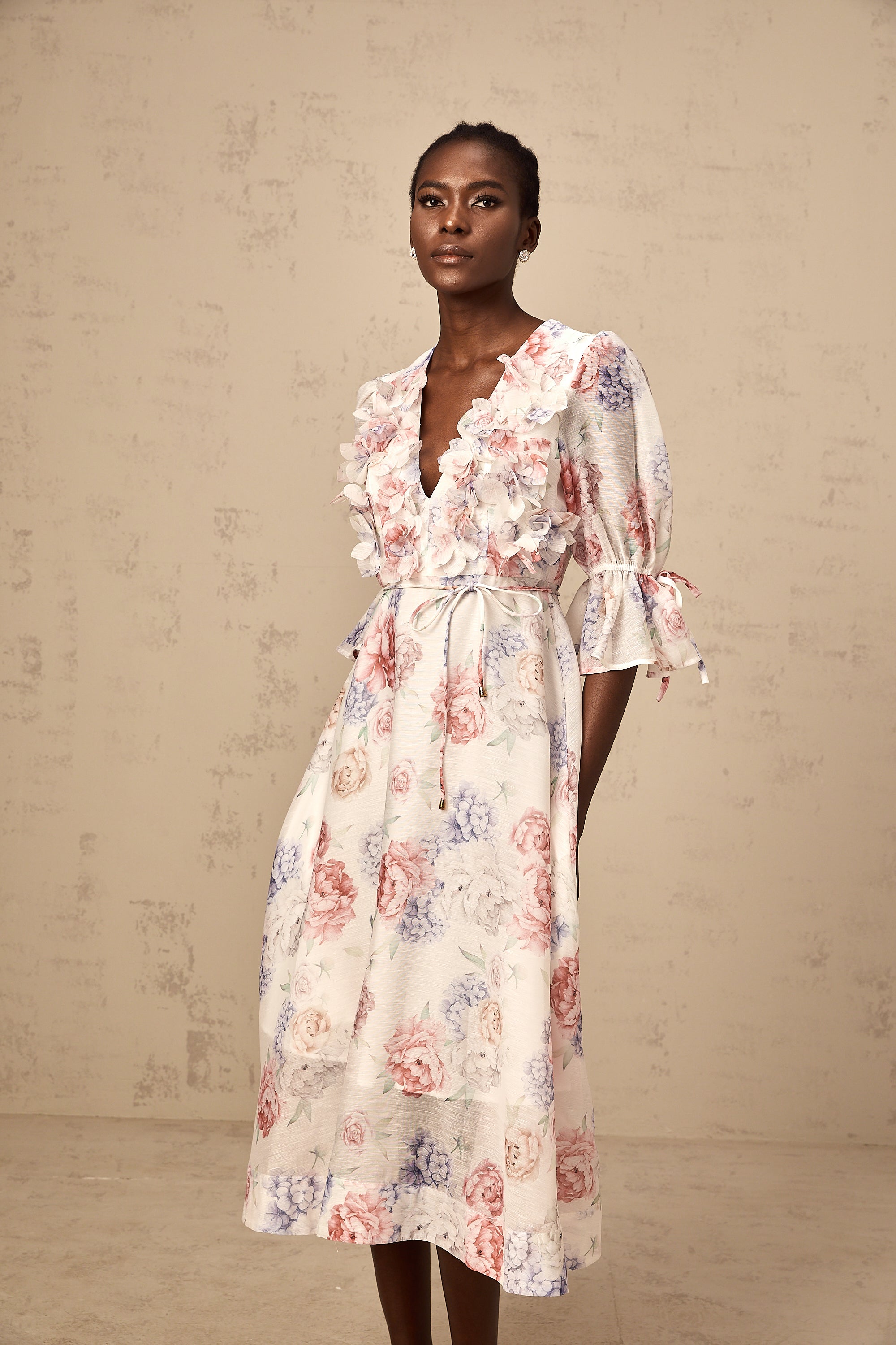 Téa 3d-petal floral-print midi dress