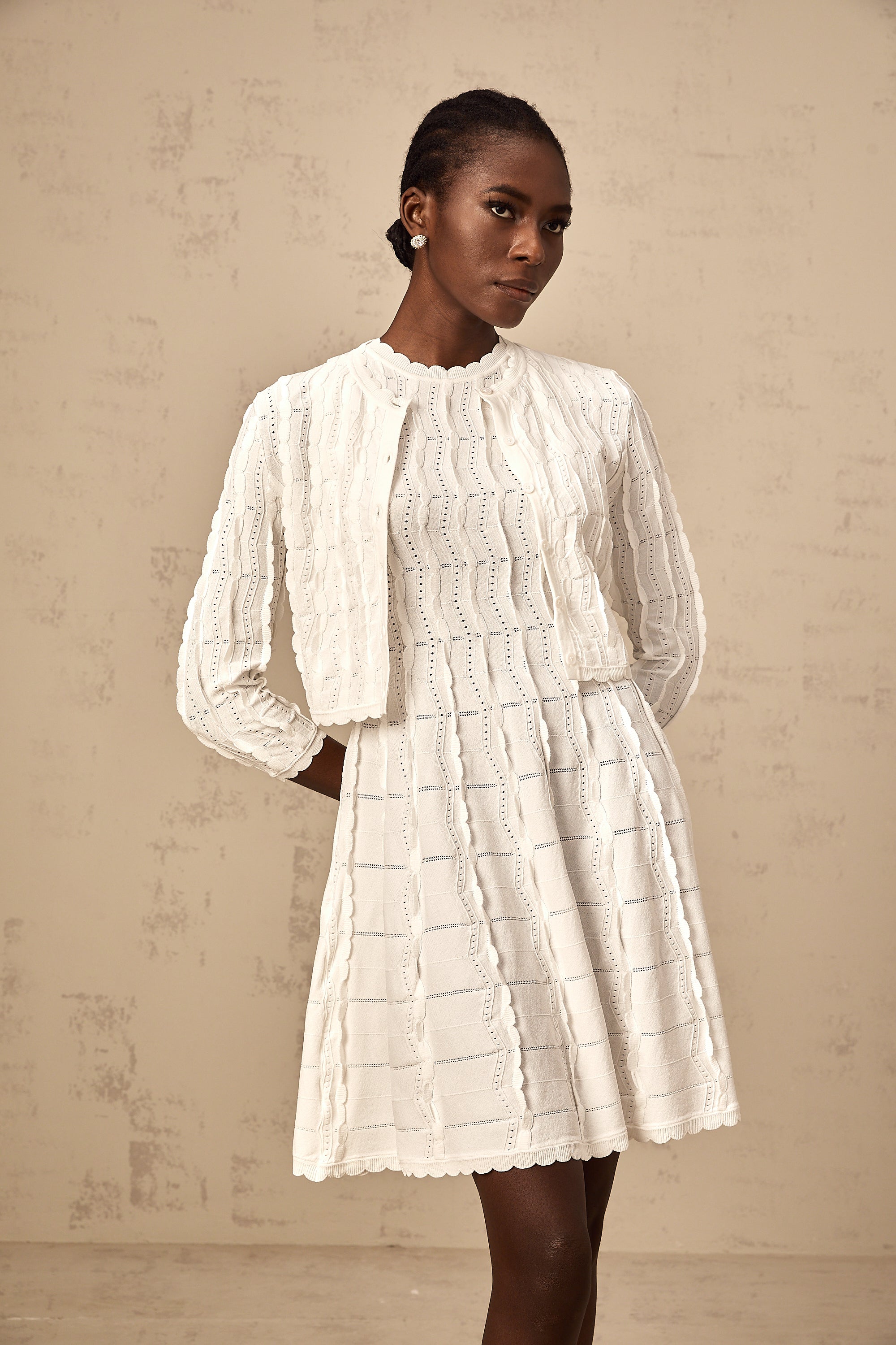 Esmée white ruffled knitted cardigan