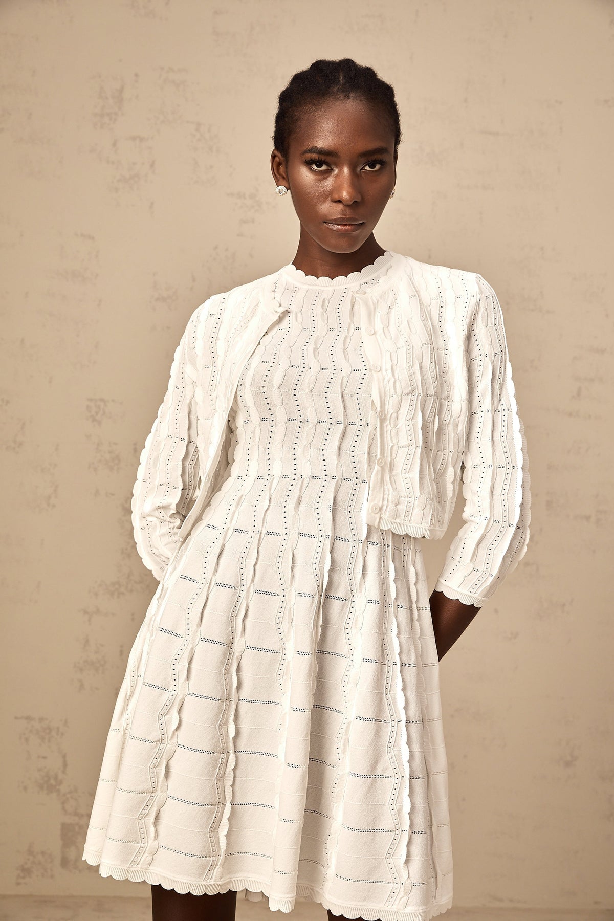 Esmée white ruffled knitted cardigan