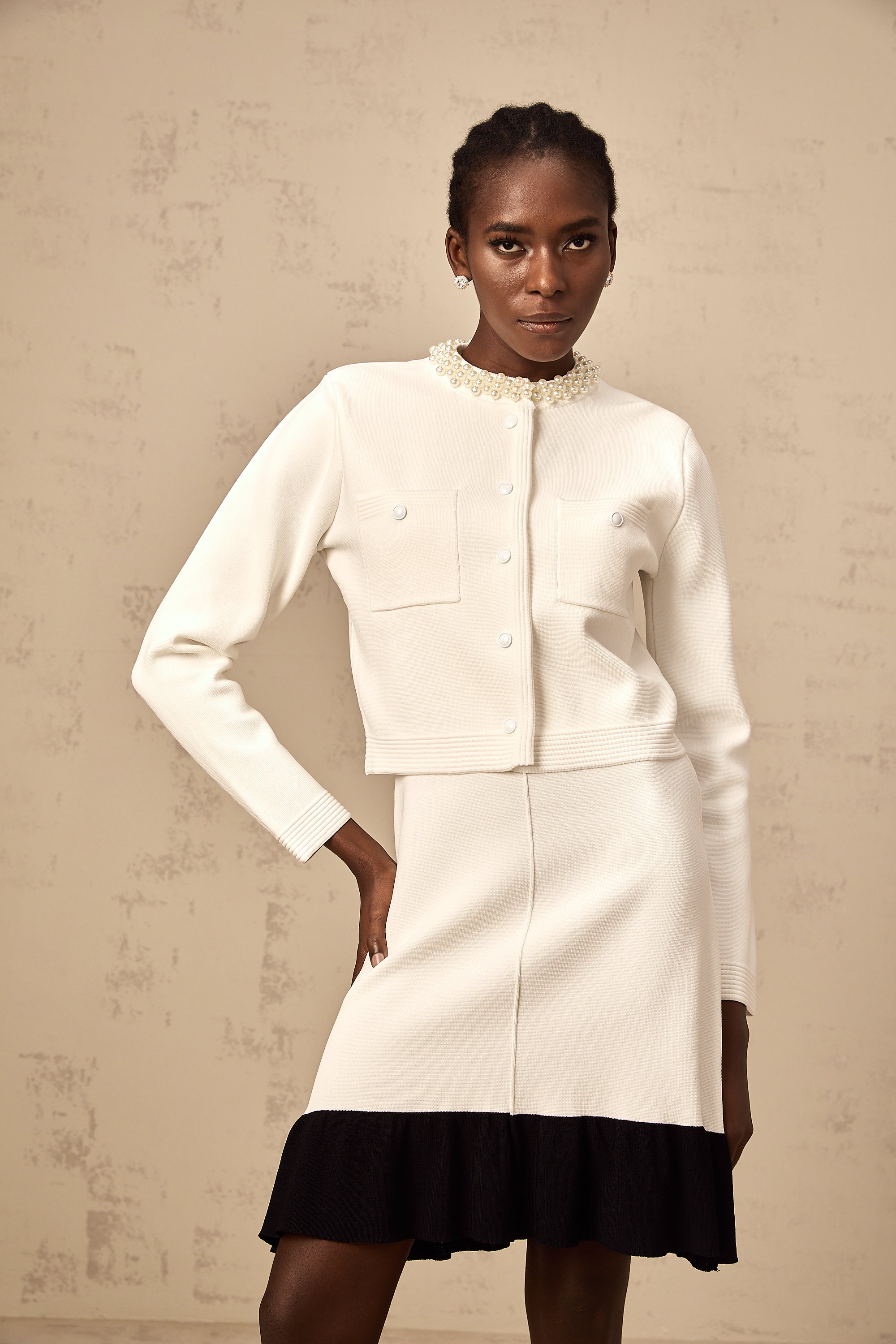 Coralie white faux-pearl knitted cardigan