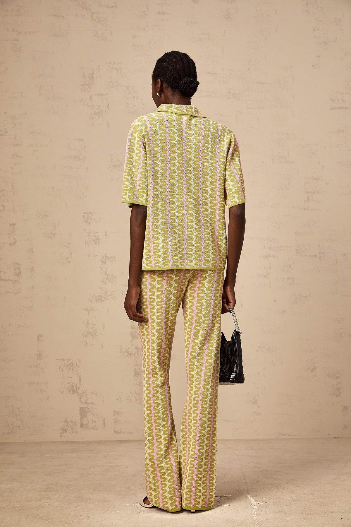 Ophélie green color-block knitted shirt & trousers matching set (Final Sale-US Only)