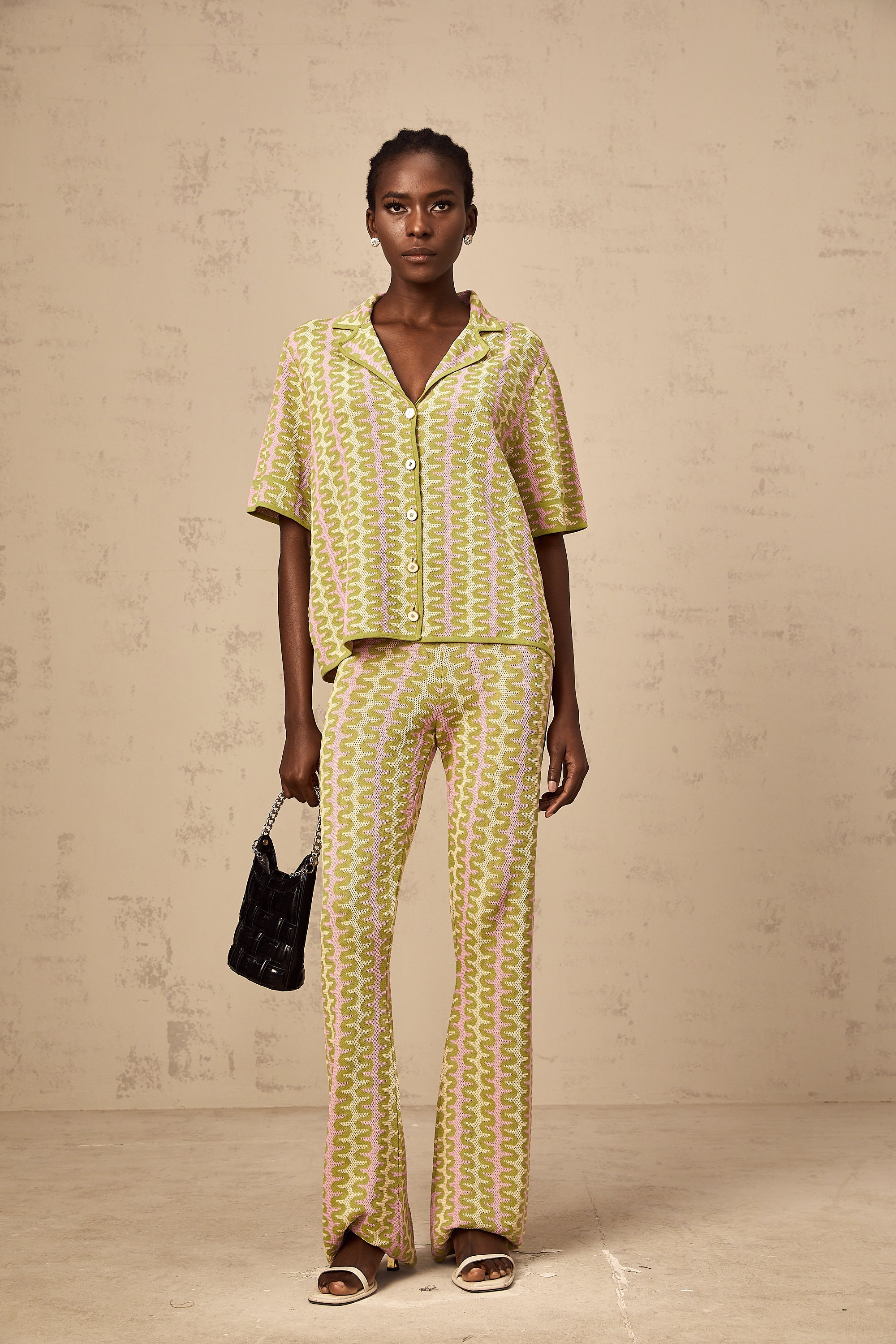 Ophélie green color-block knitted shirt & trousers matching set