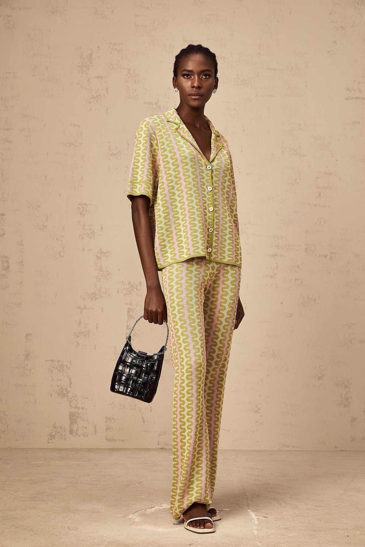 Ophélie green color-block knitted shirt & trousers matching set (Final Sale-US Only)