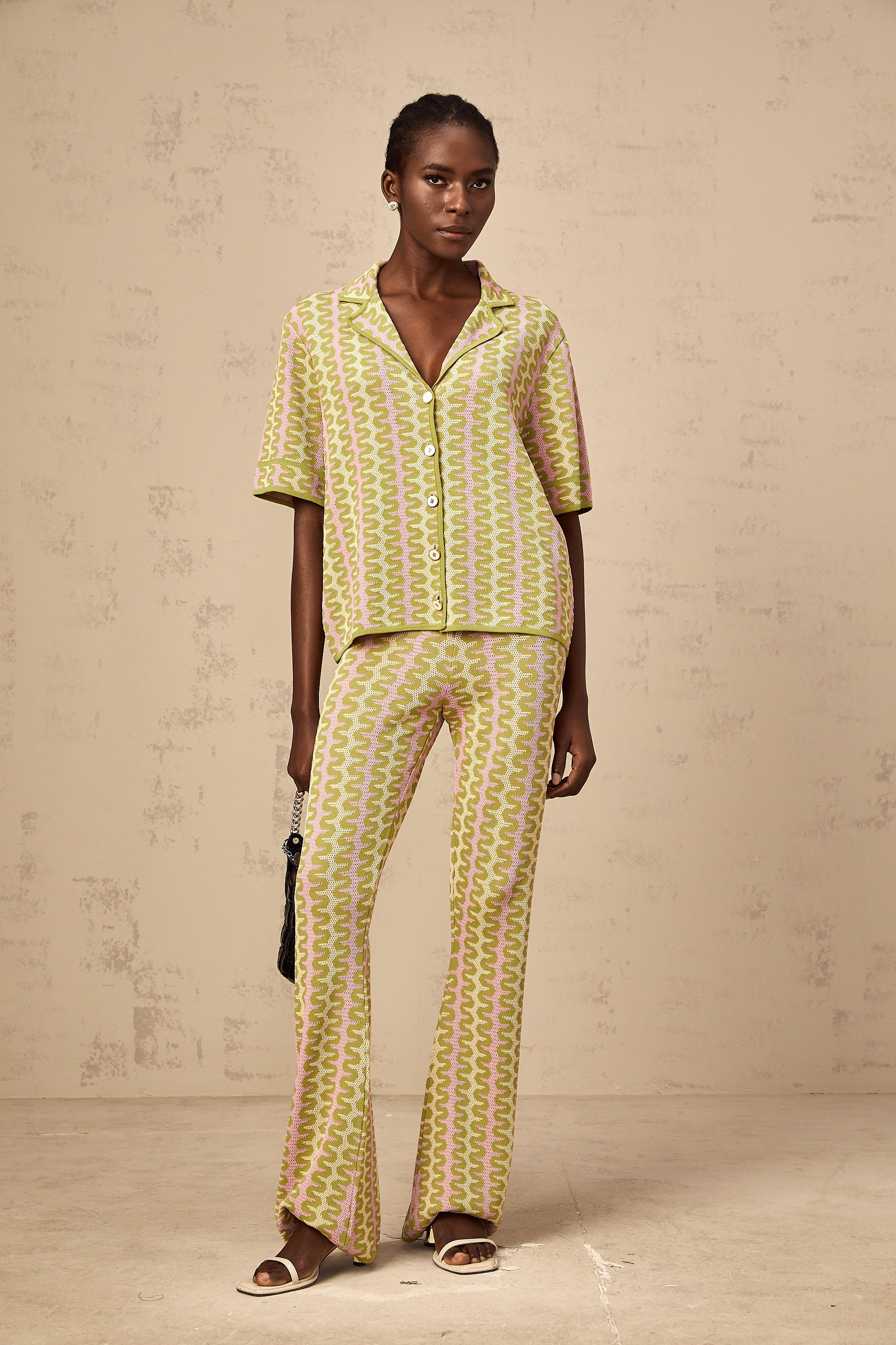 Ophélie green color-block knitted shirt & trousers matching set