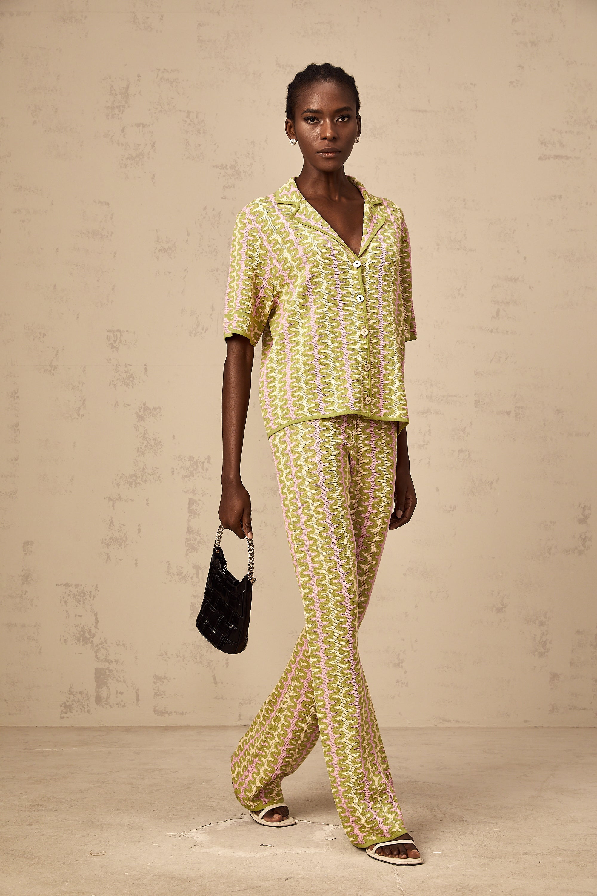 Ophélie green color-block knitted shirt & trousers matching set