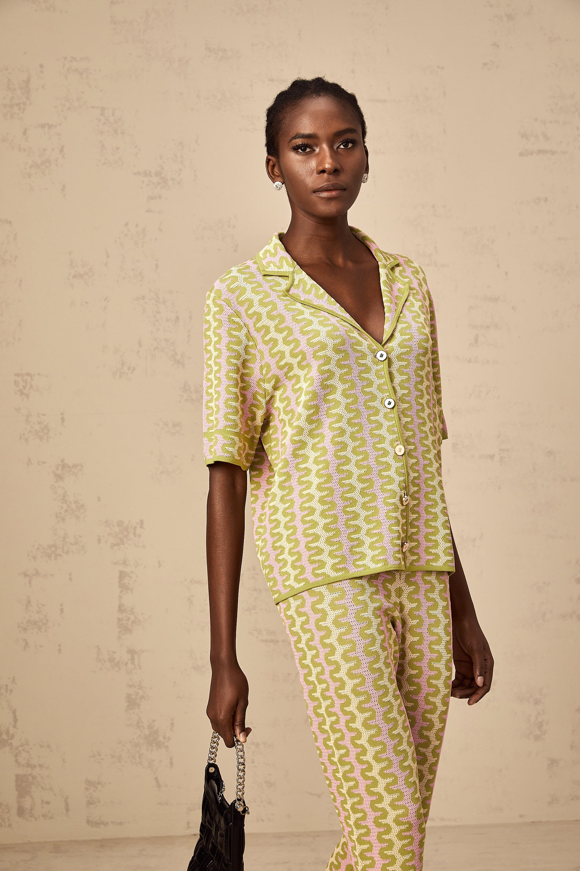Ophélie green color-block knitted shirt & trousers matching set