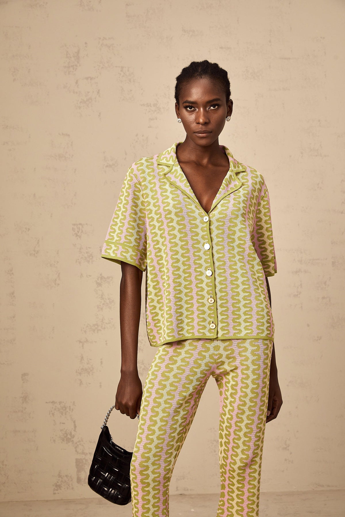 Ophélie green color-block knitted shirt & trousers matching set