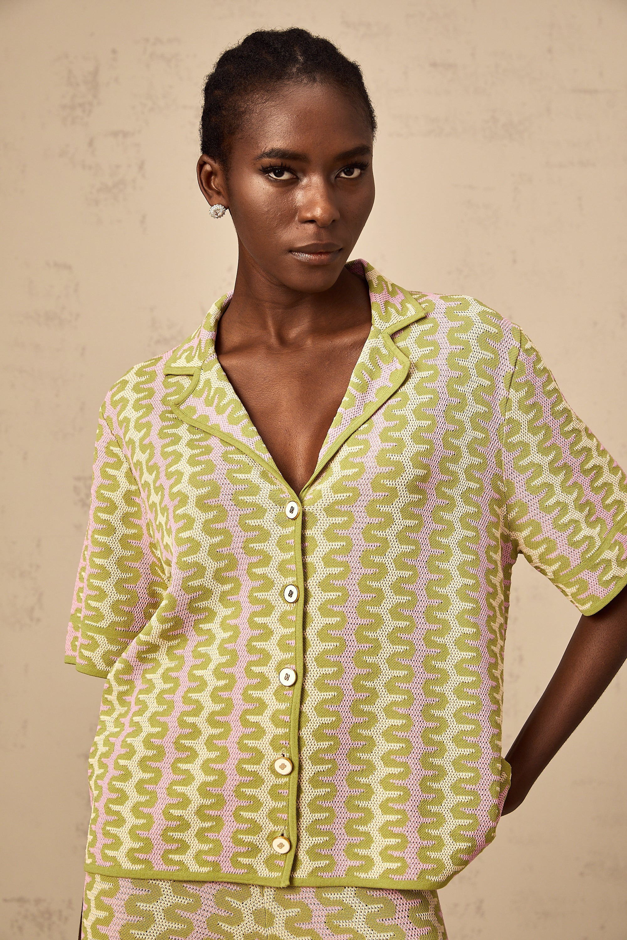 Ophélie green color-block knitted shirt & trousers matching set