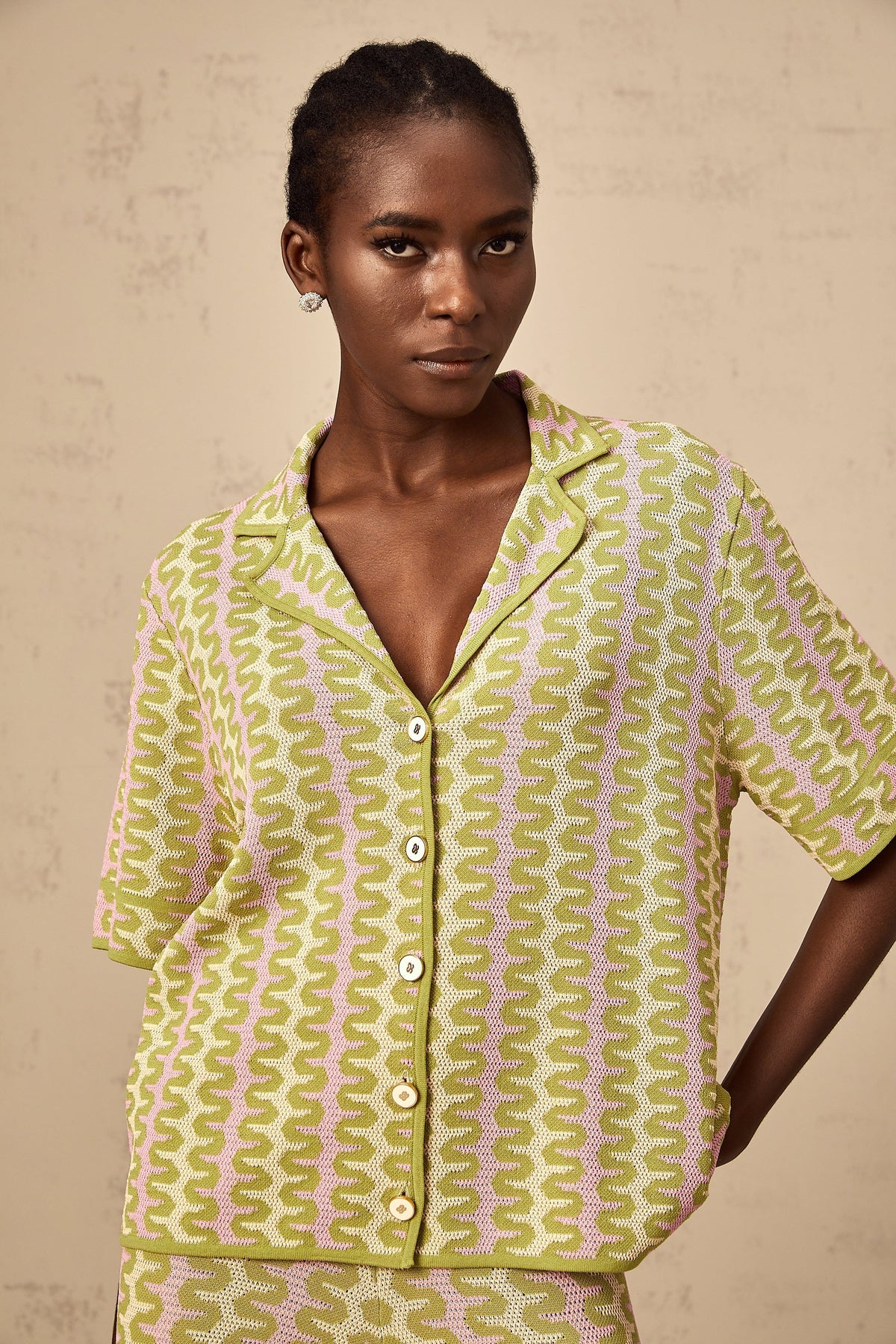 Ophélie green color-block knitted shirt & trousers matching set