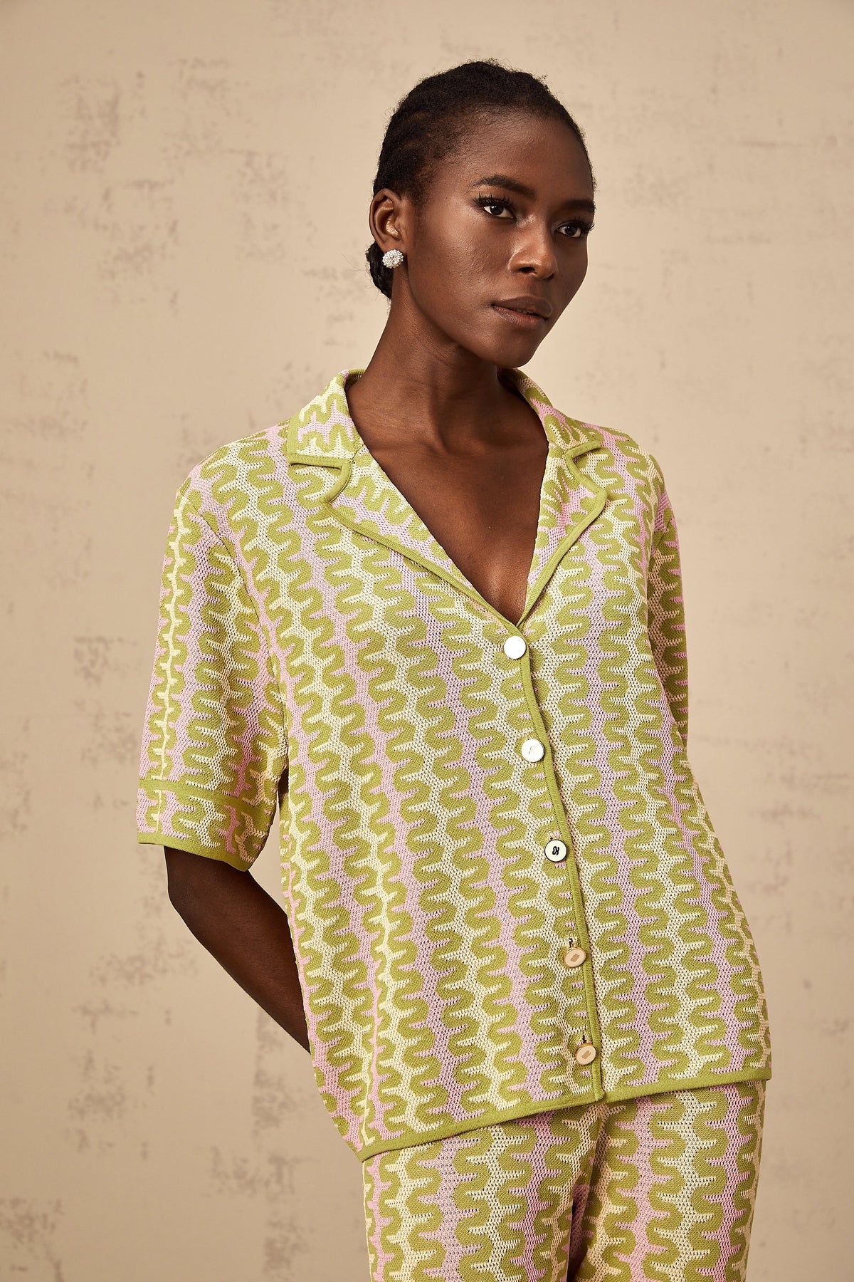Ophélie green color-block knitted shirt & trousers matching set