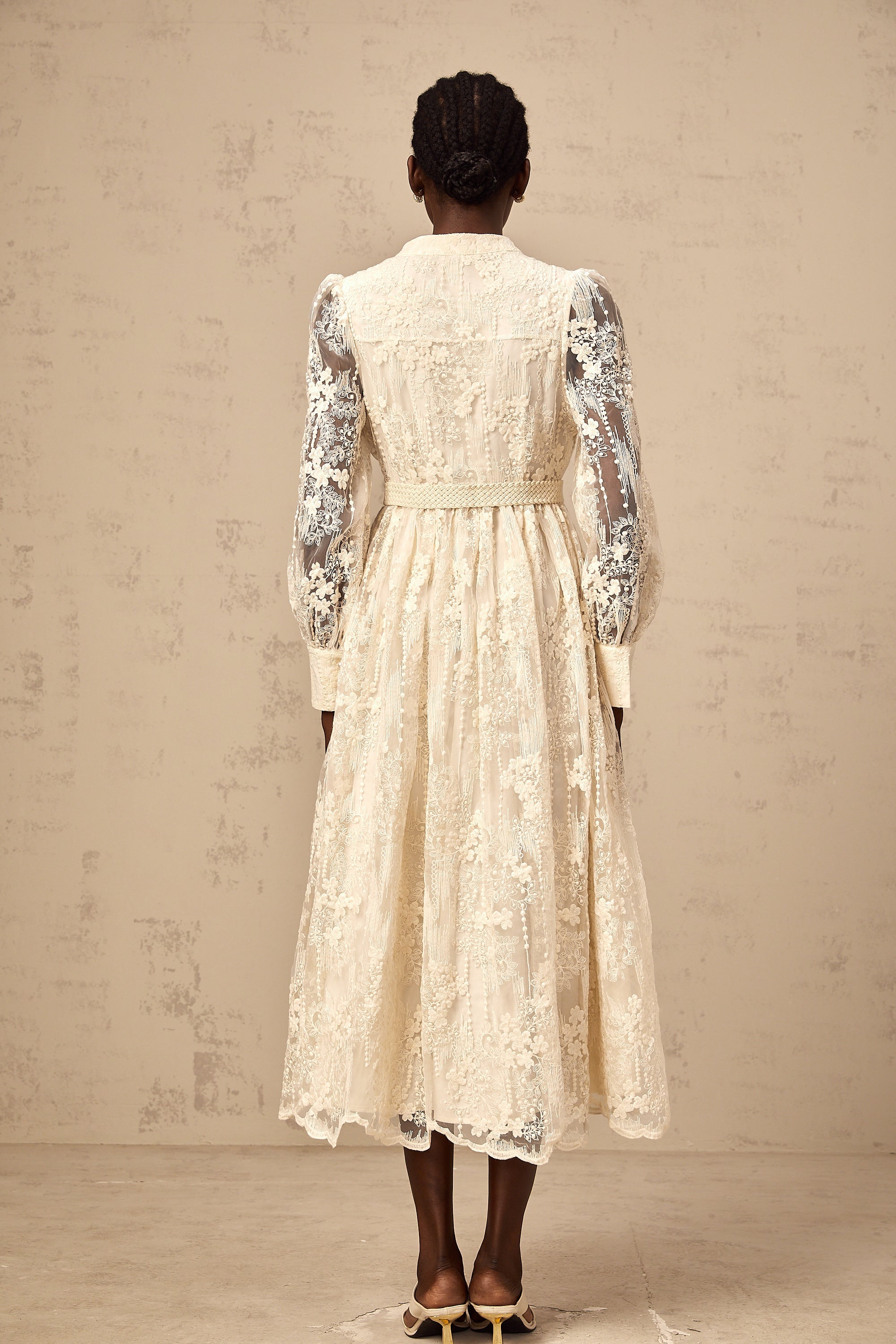 Roxane neutrals lace-embroidered midi dress