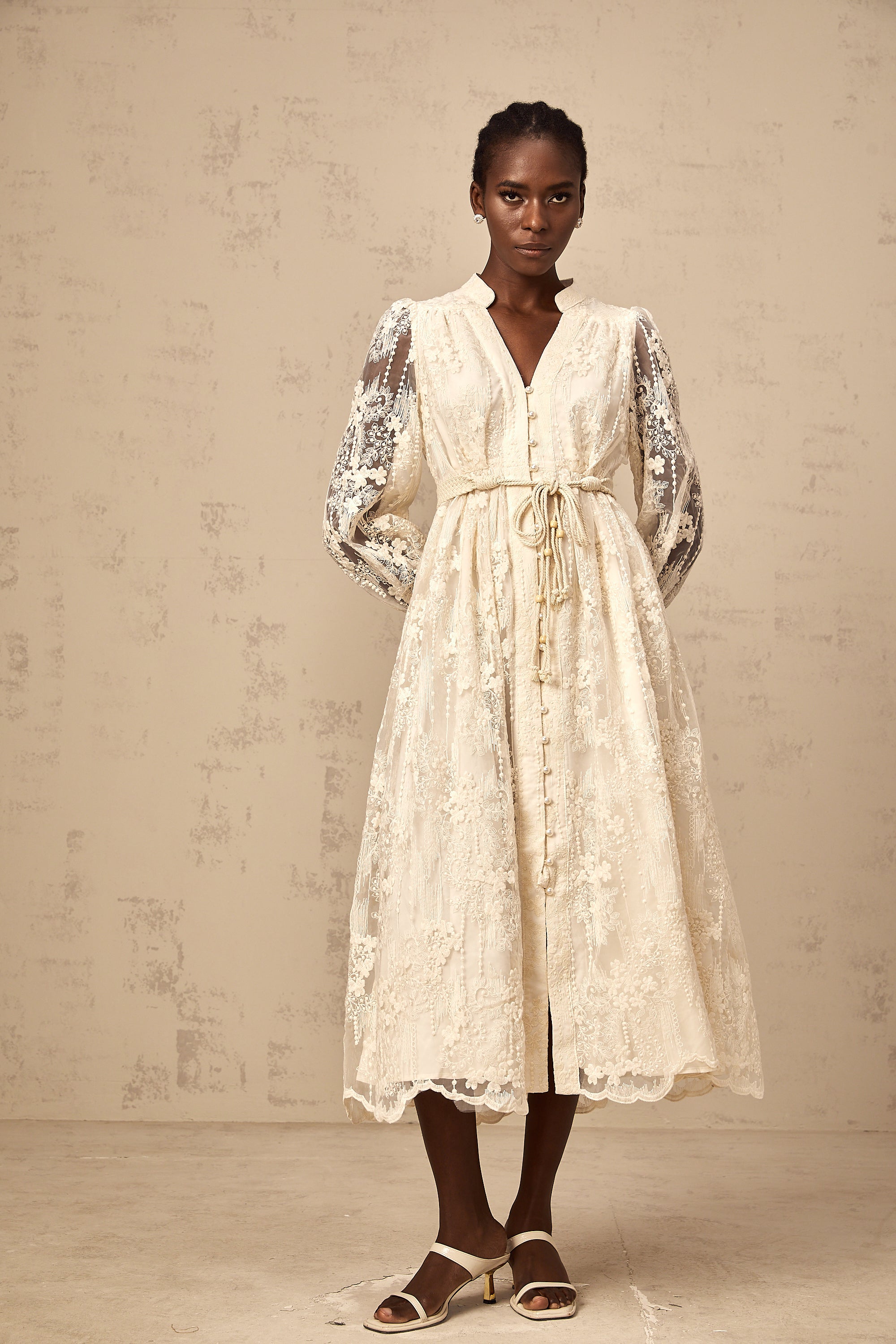 Roxane neutrals lace-embroidered midi dress