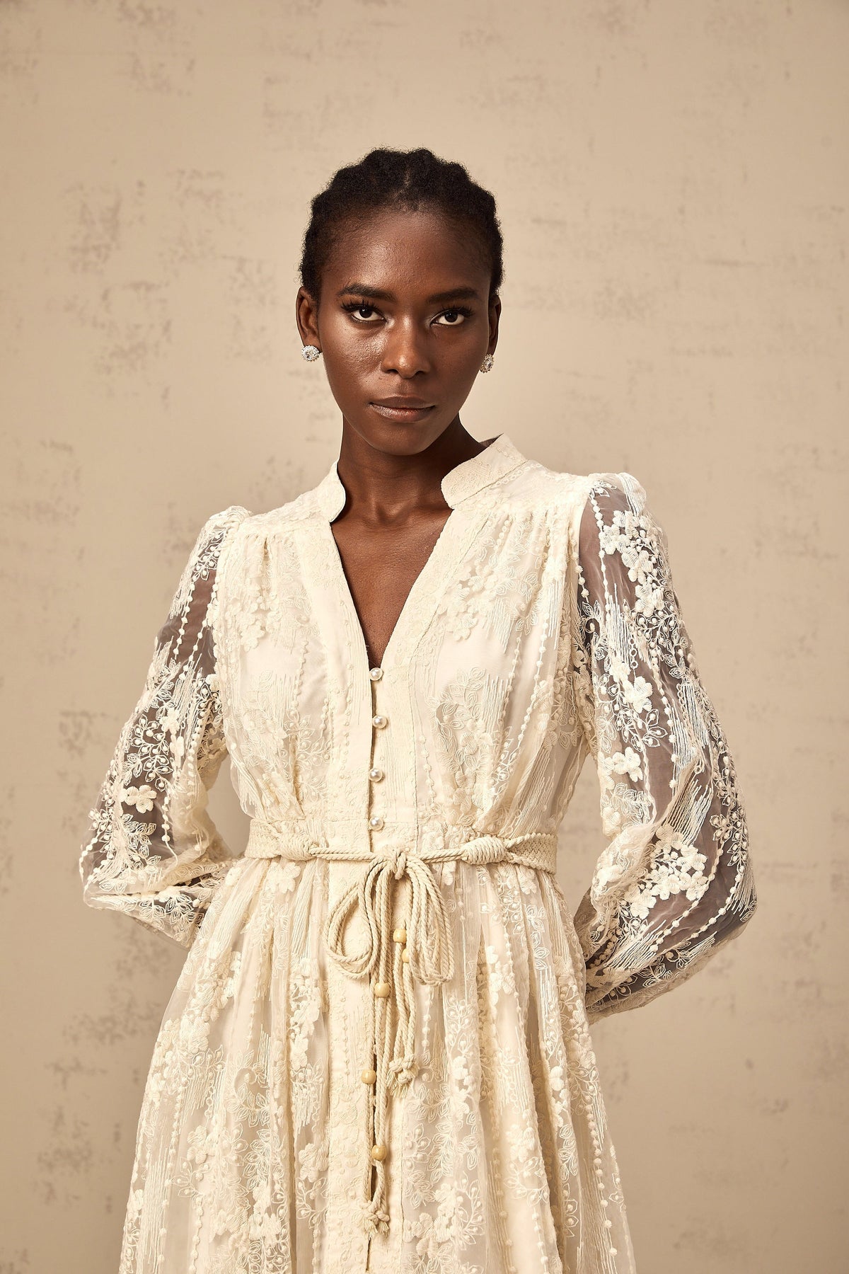 Roxane neutrals lace-embroidered midi dress