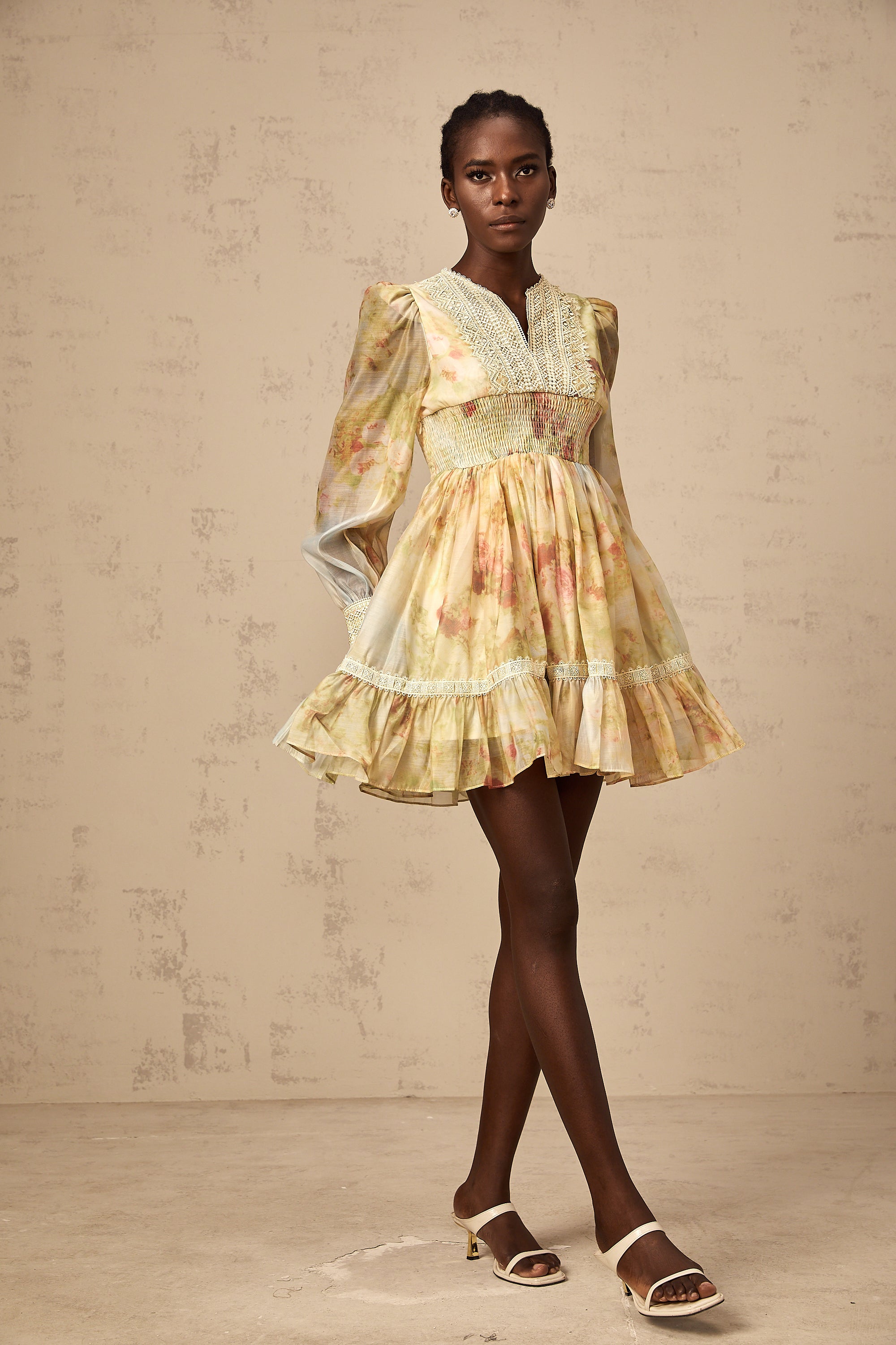 Olivia yellow lace-panelling floral-print mini dress