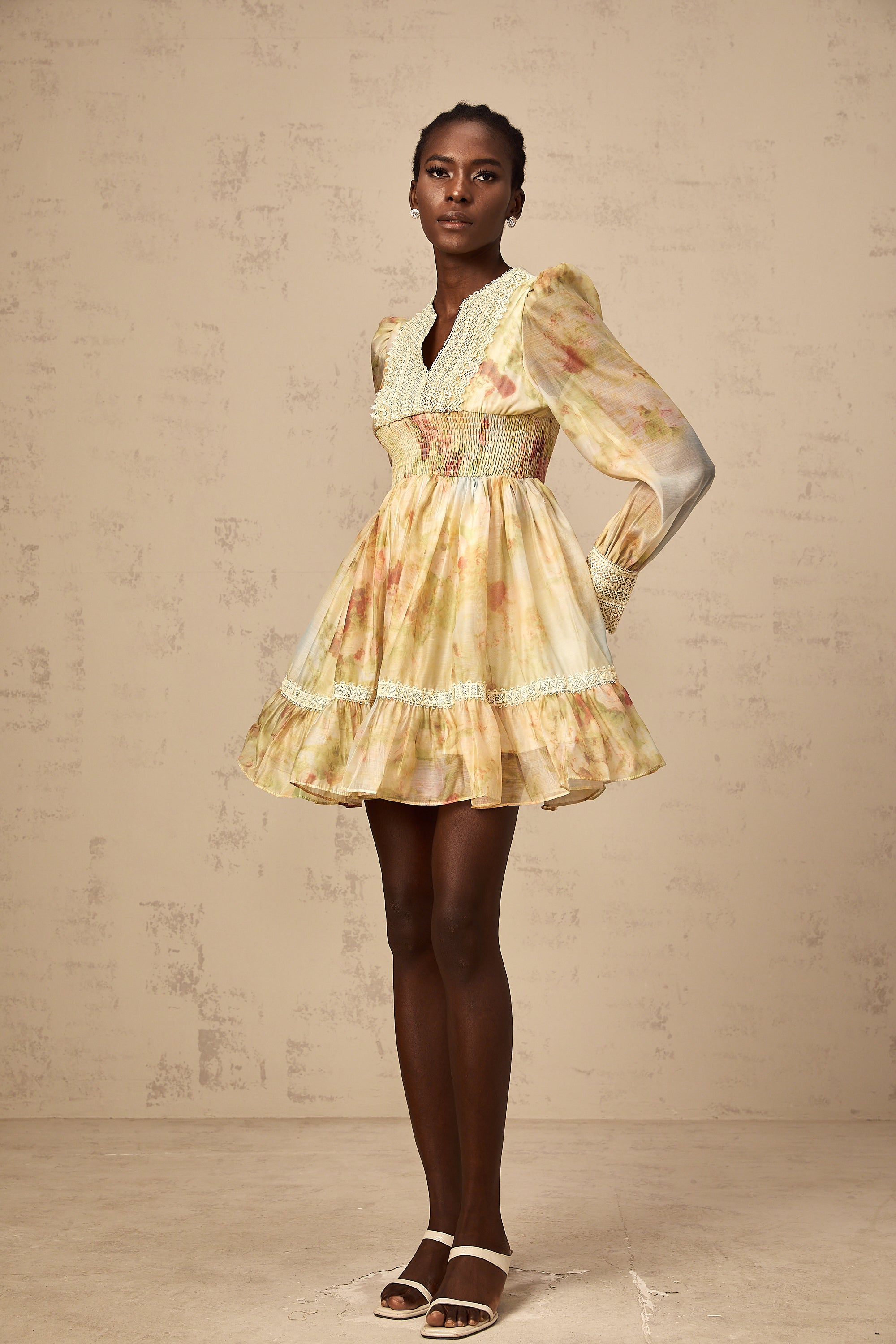 Olivia yellow lace-panelling floral-print mini dress
