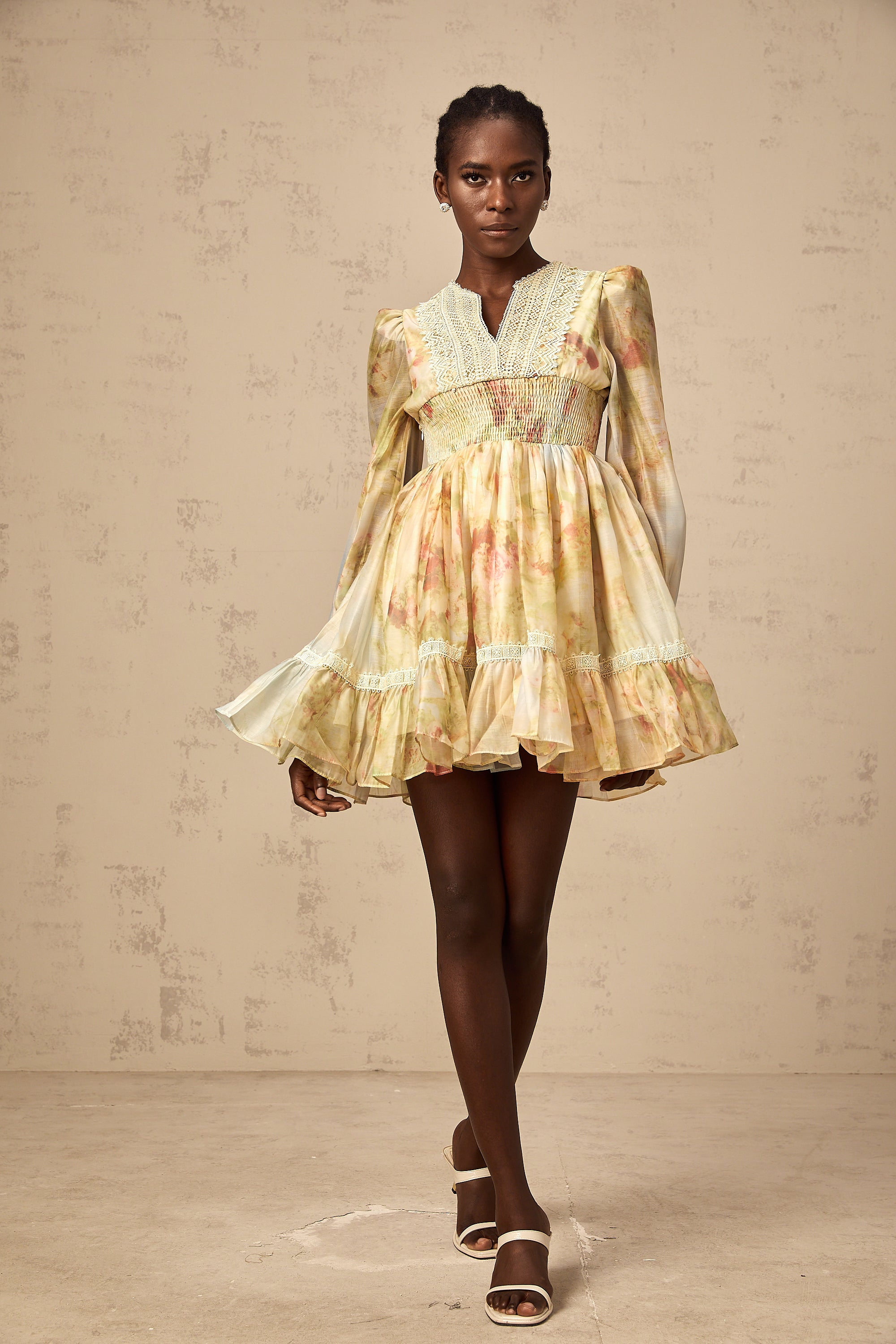 Olivia yellow lace-panelling floral-print mini dress