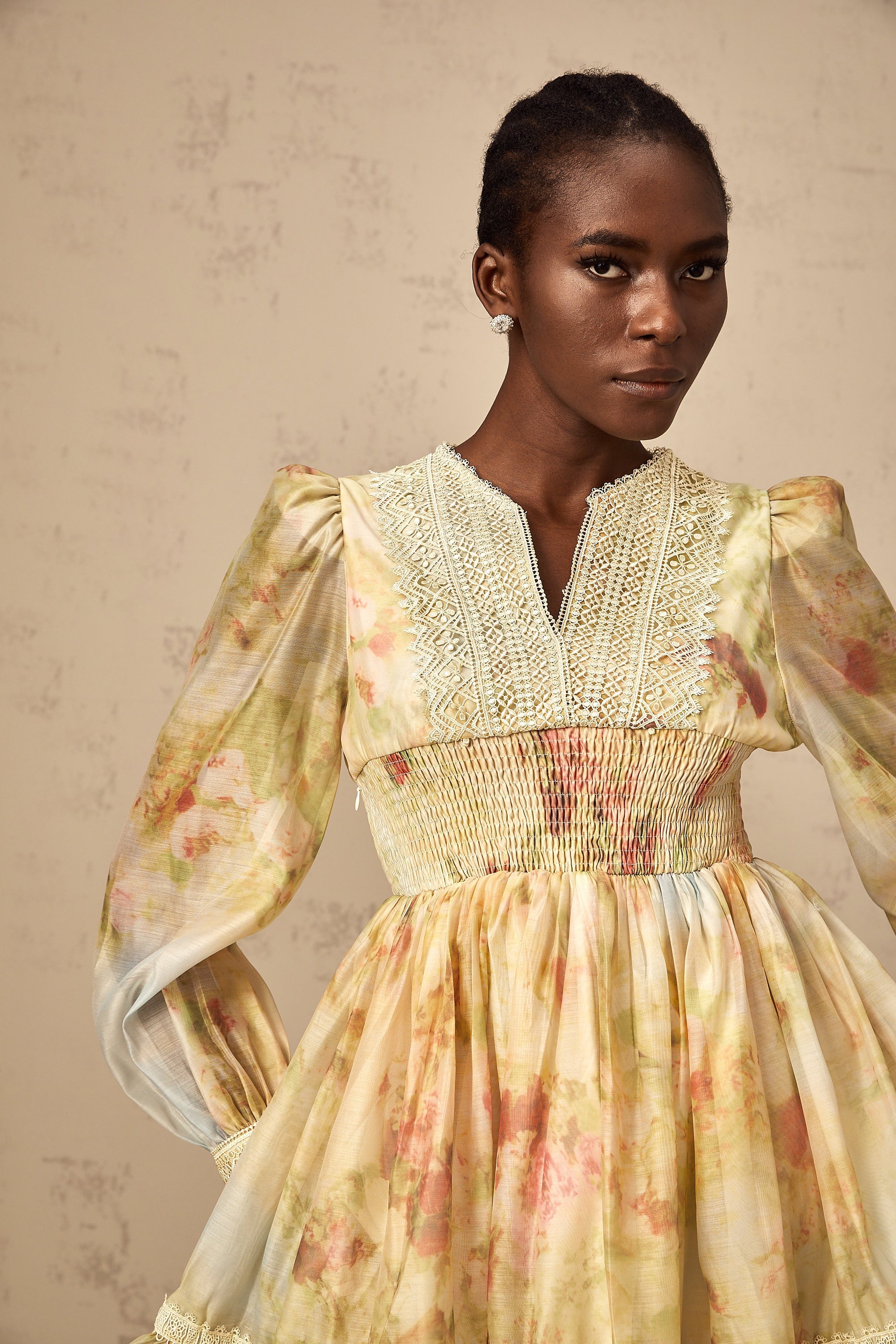 Olivia yellow lace-panelling floral-print mini dress