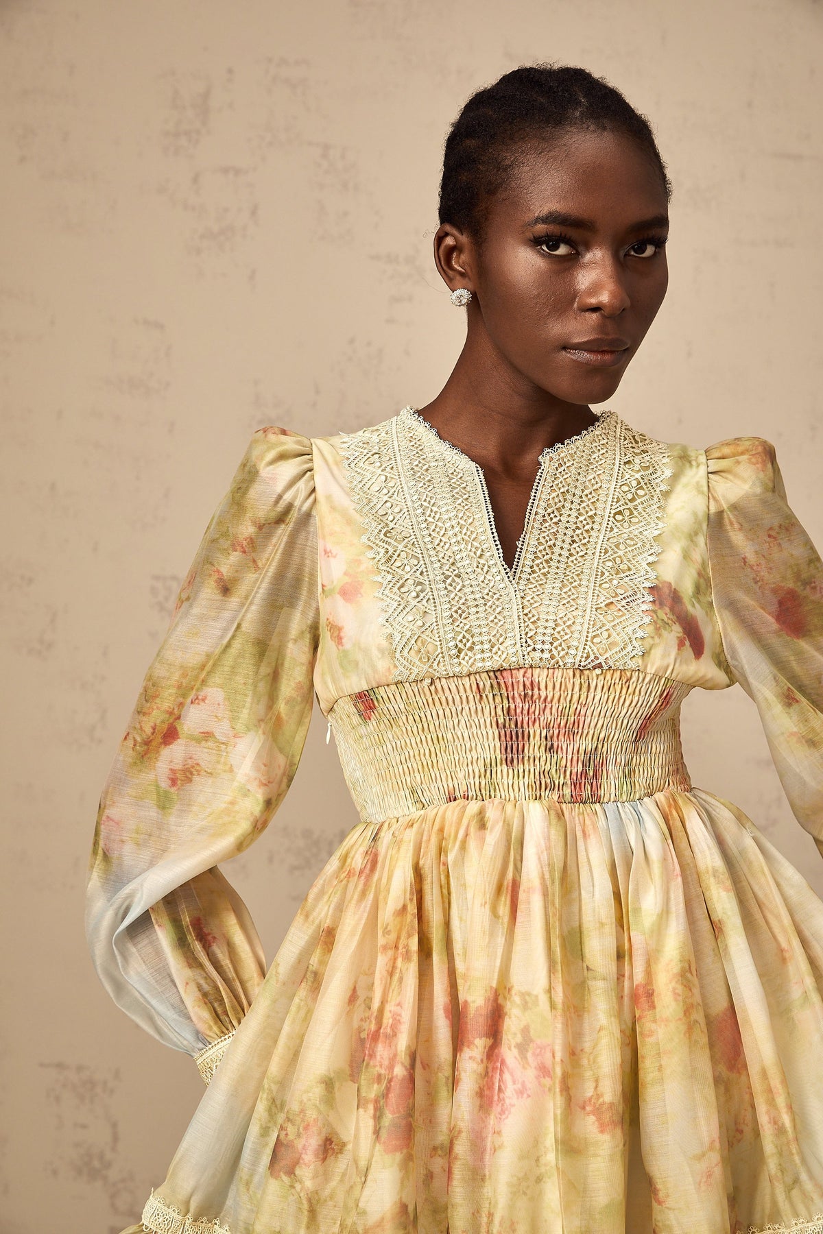 Olivia yellow lace-panelling floral-print mini dress