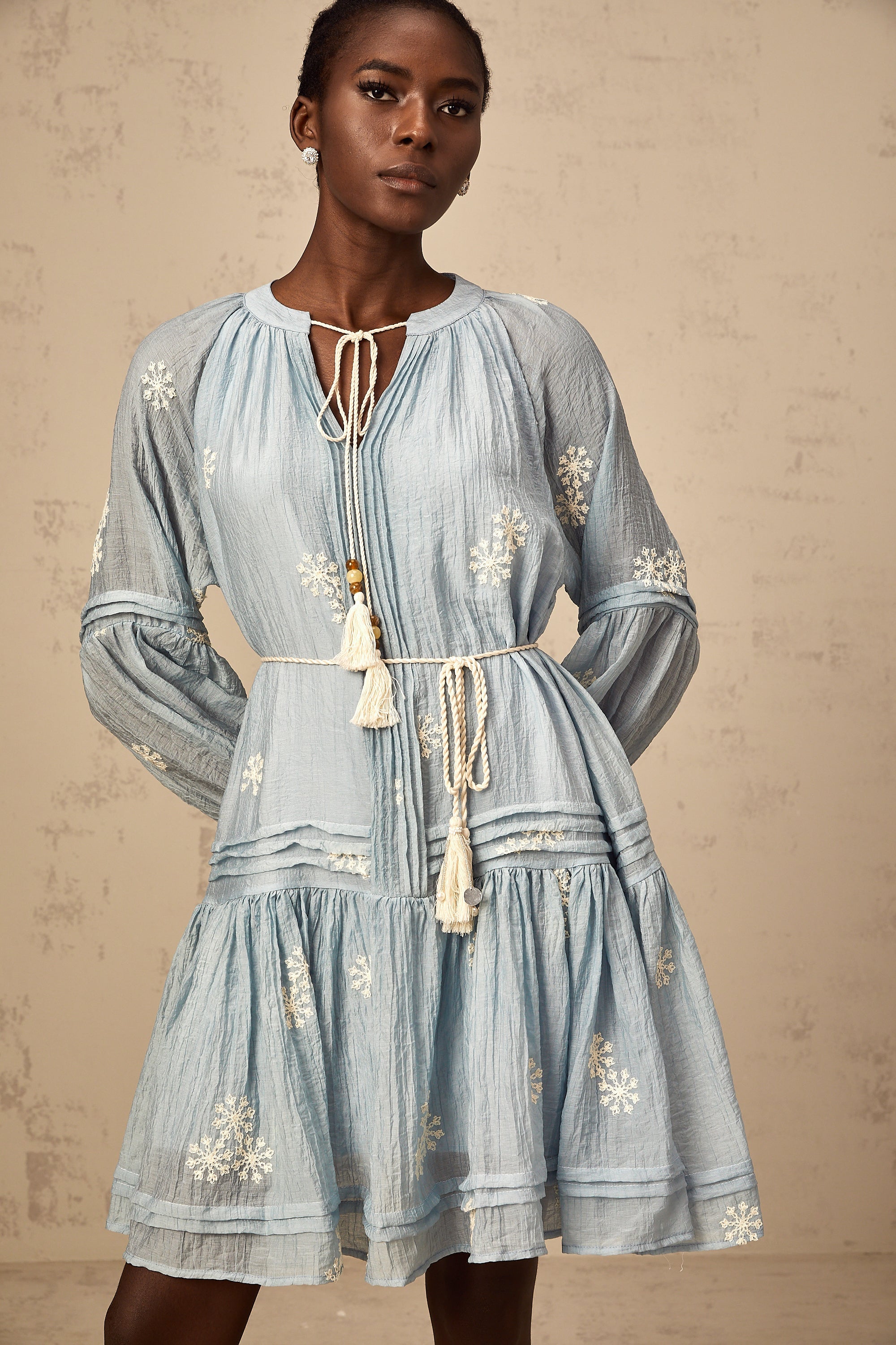 Félicie blue flower-embroidered mini dress