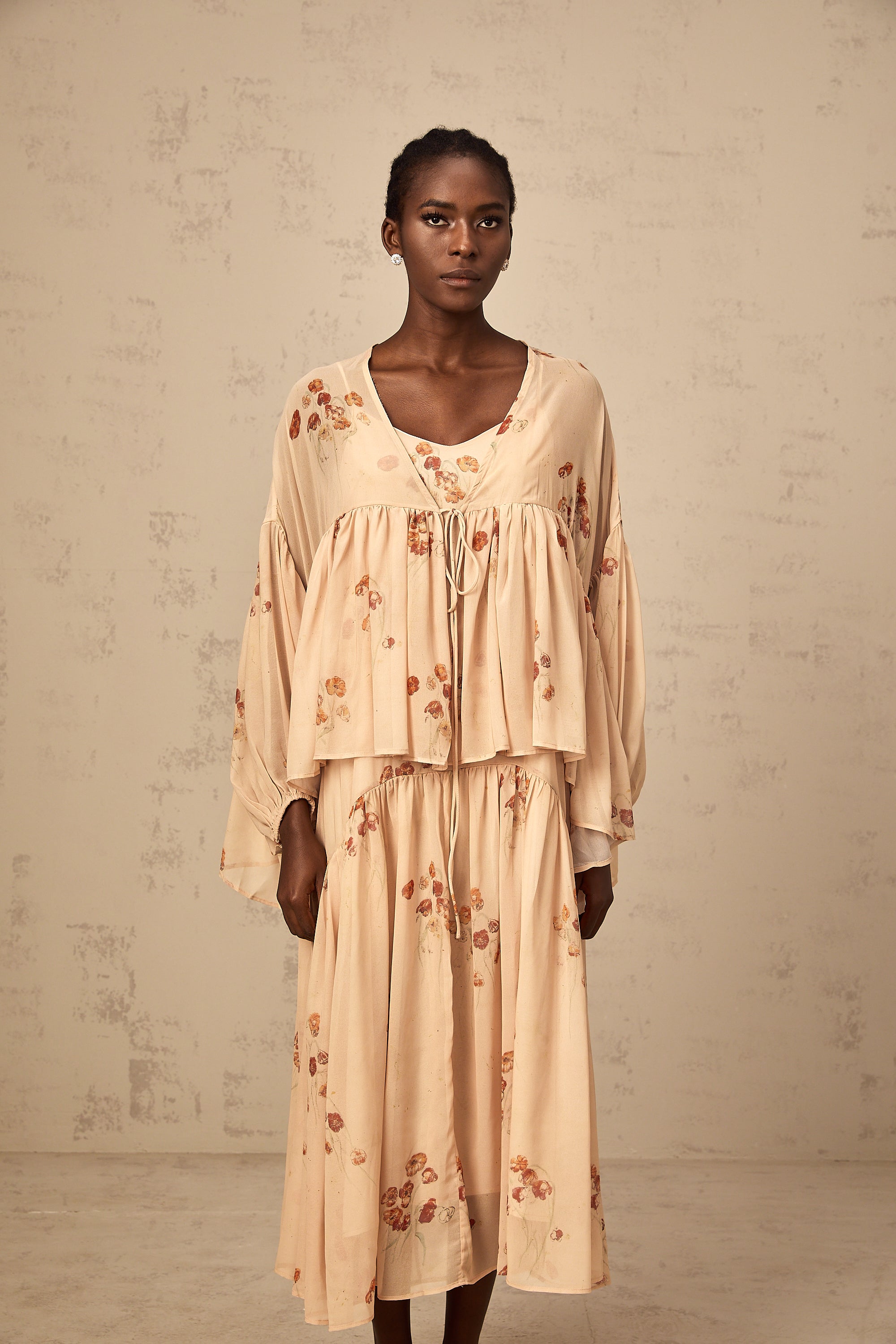 Maïa coral-pink floral-print pleated blouse & dress matching set