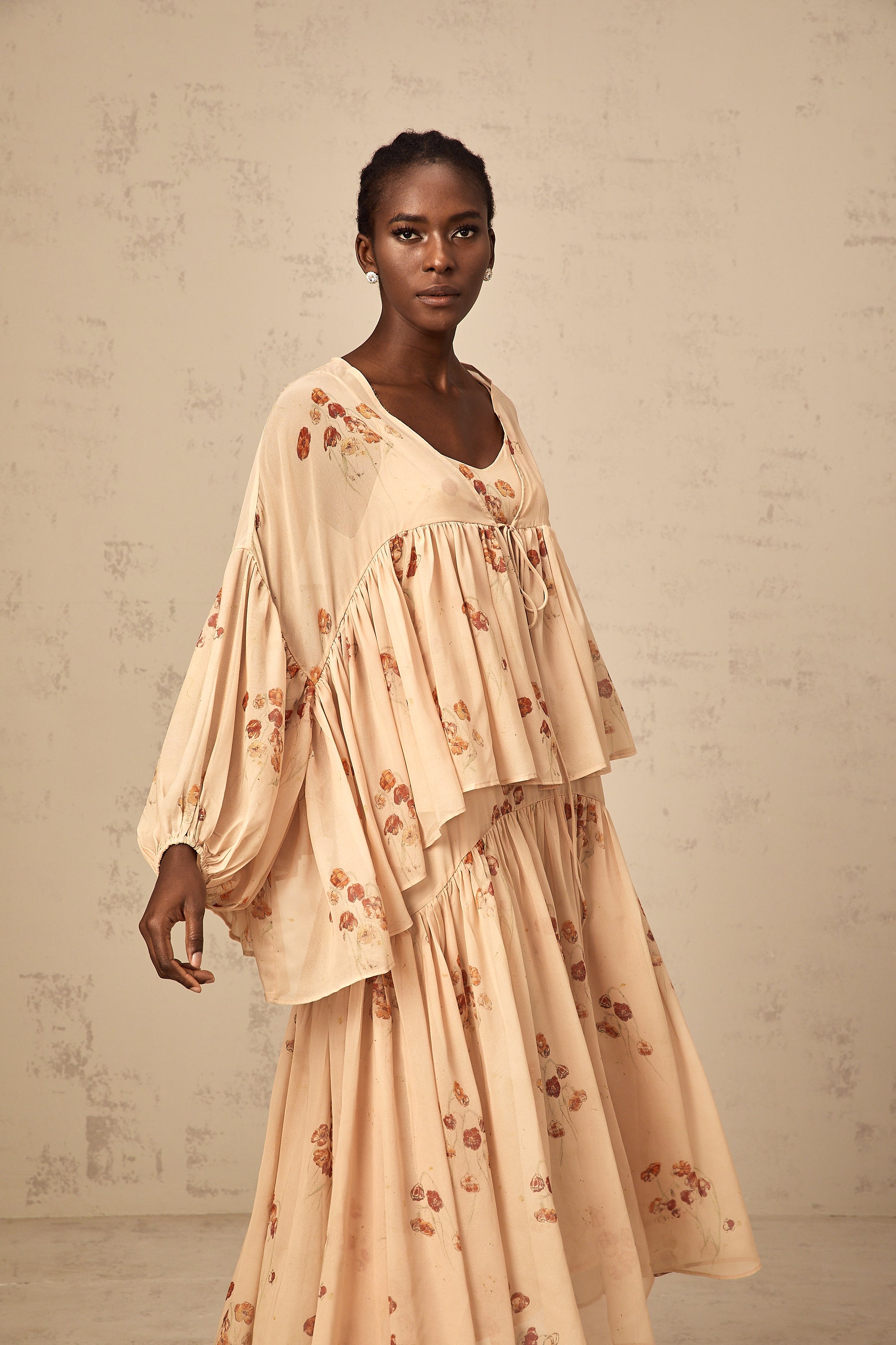 Maïa coral-pink floral-print pleated blouse & dress matching set