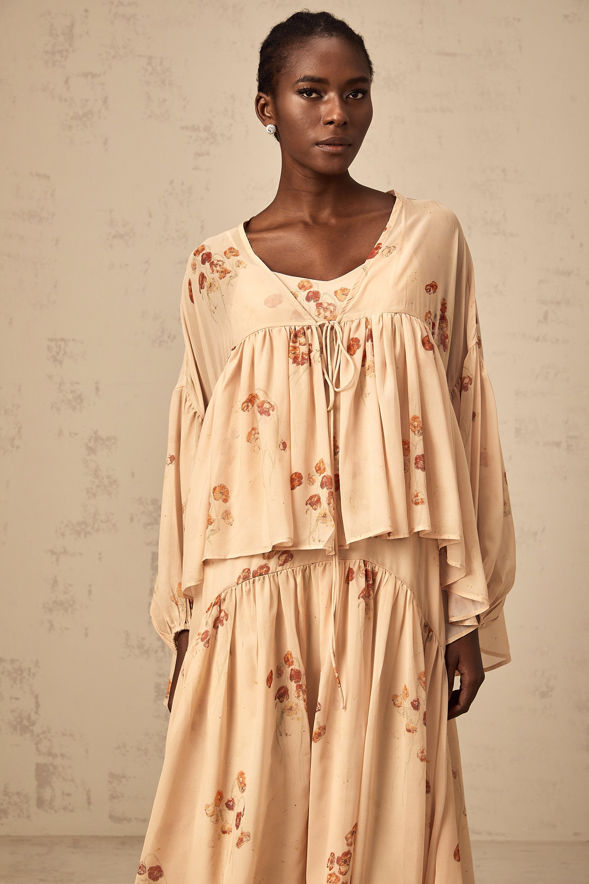 Maïa coral-pink floral-print pleated blouse & dress matching set