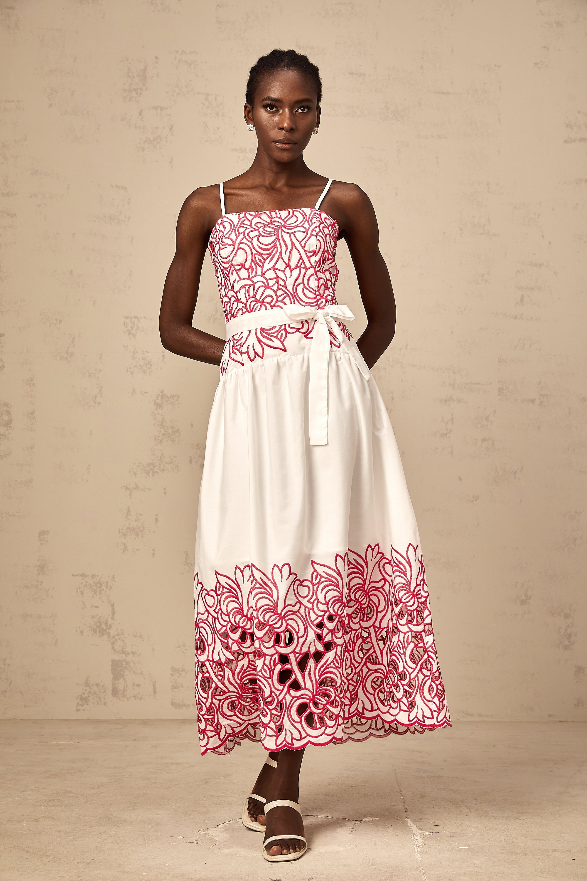 Béatrice pink cut-out embroidered midi dress