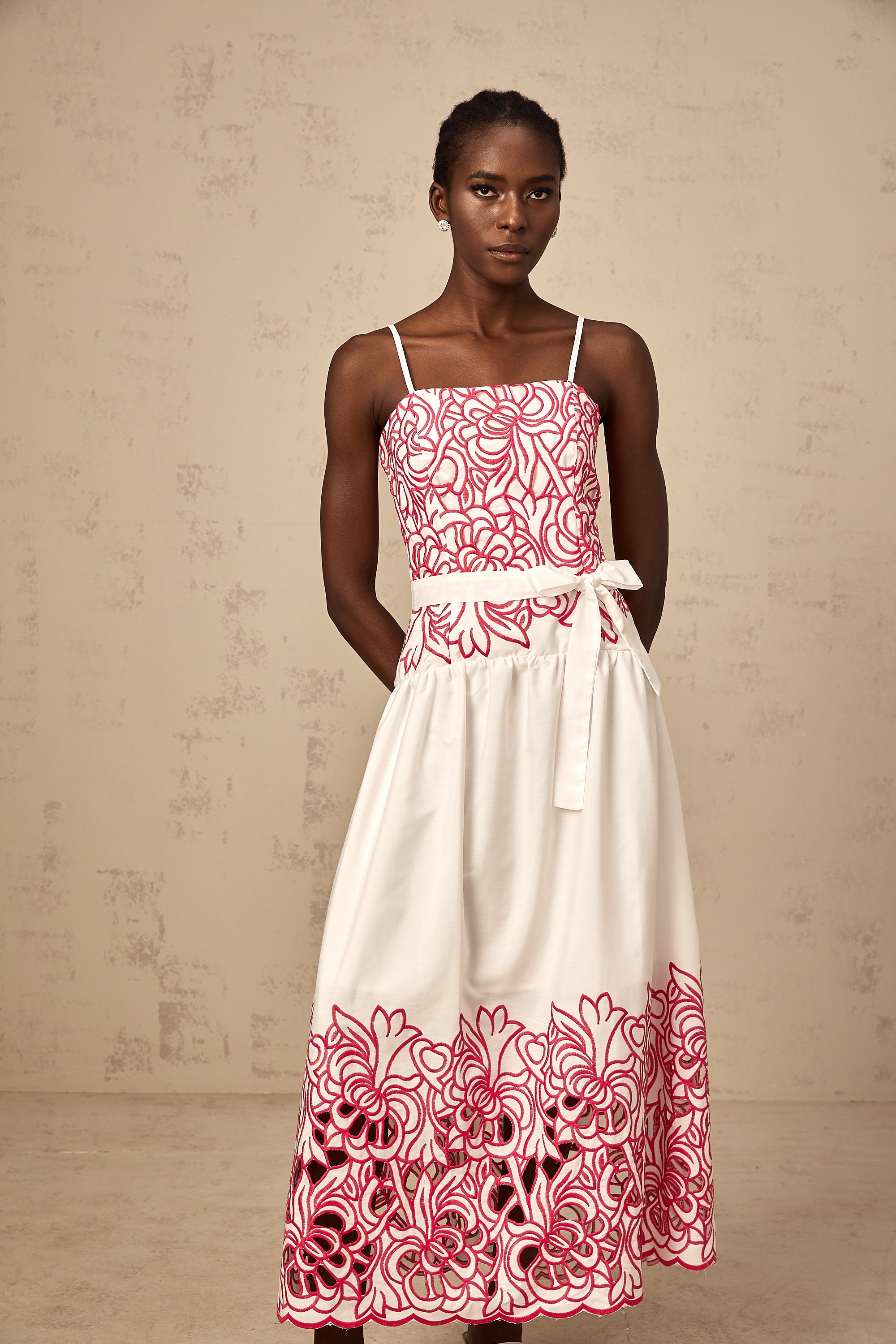 Béatrice pink cut-out embroidered midi dress