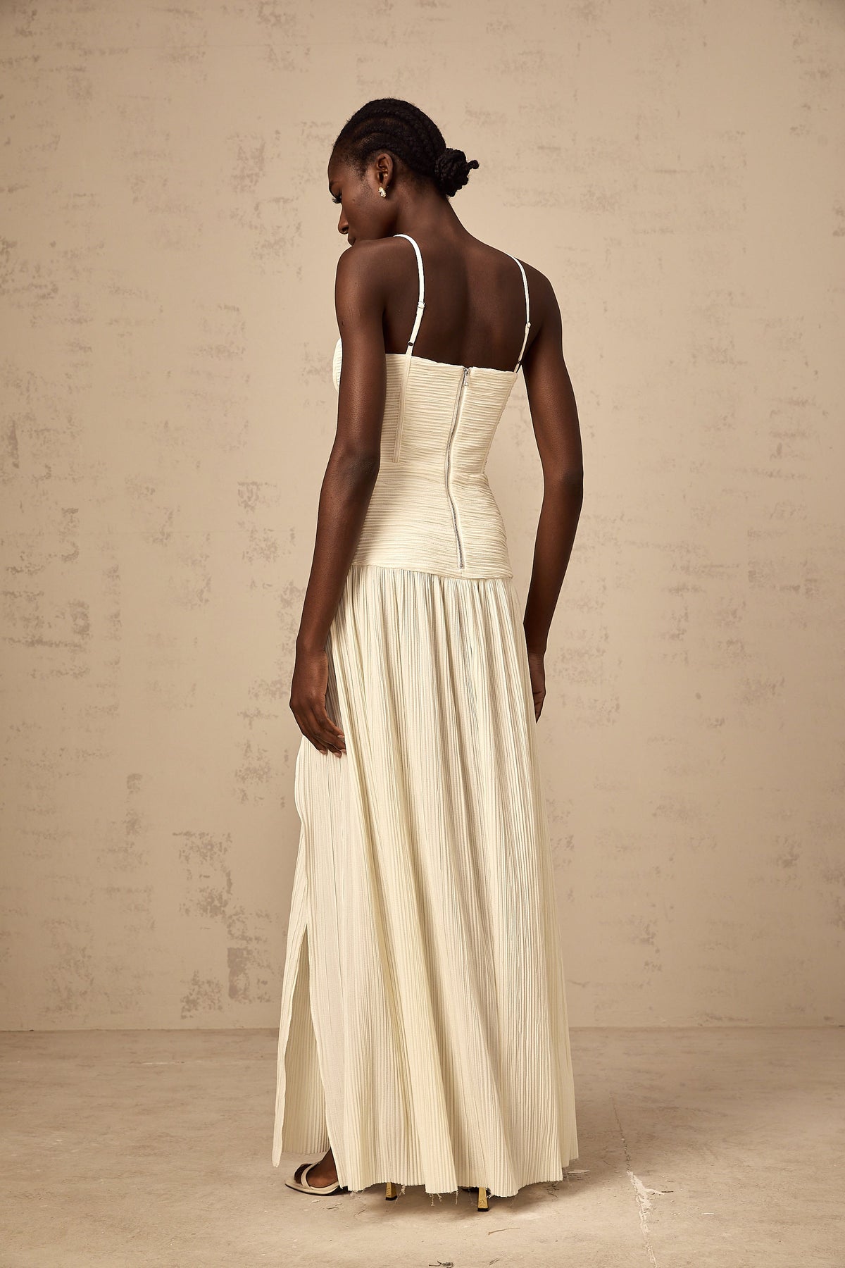 Félicie side-slit pleated maxi dress in Neutrals