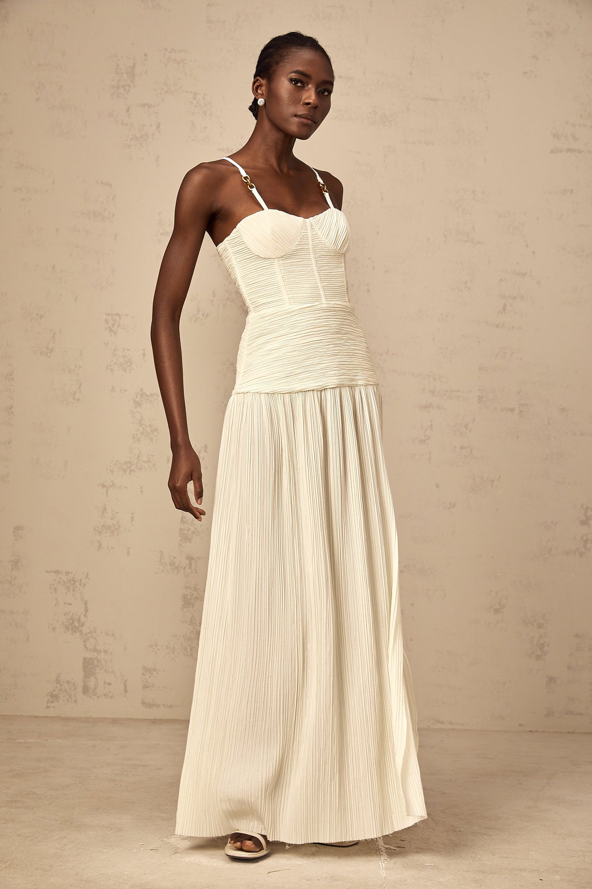 Félicie side-slit pleated maxi dress in Neutrals