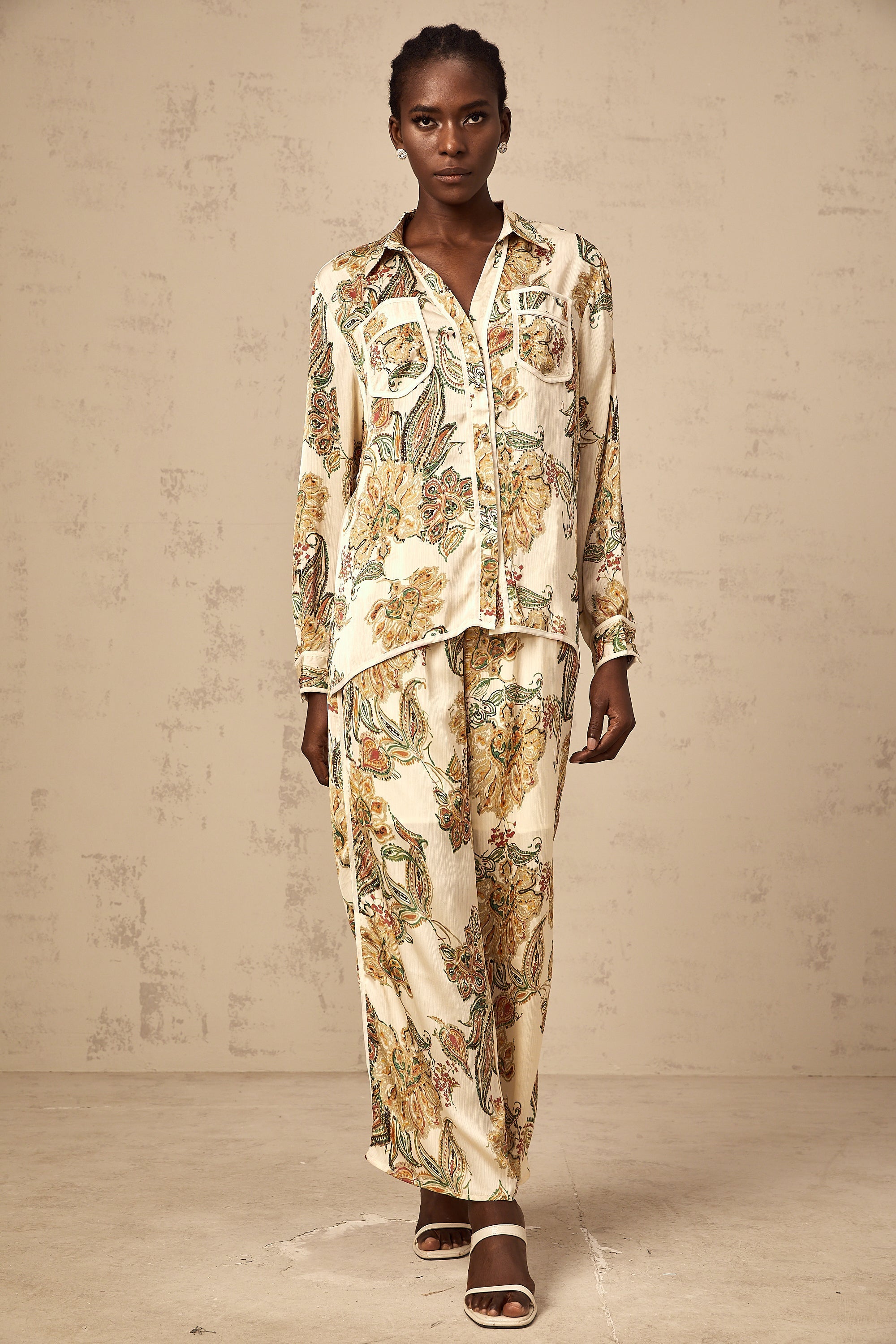 Agnès neutrals floral-print shirt & trousers matching set
