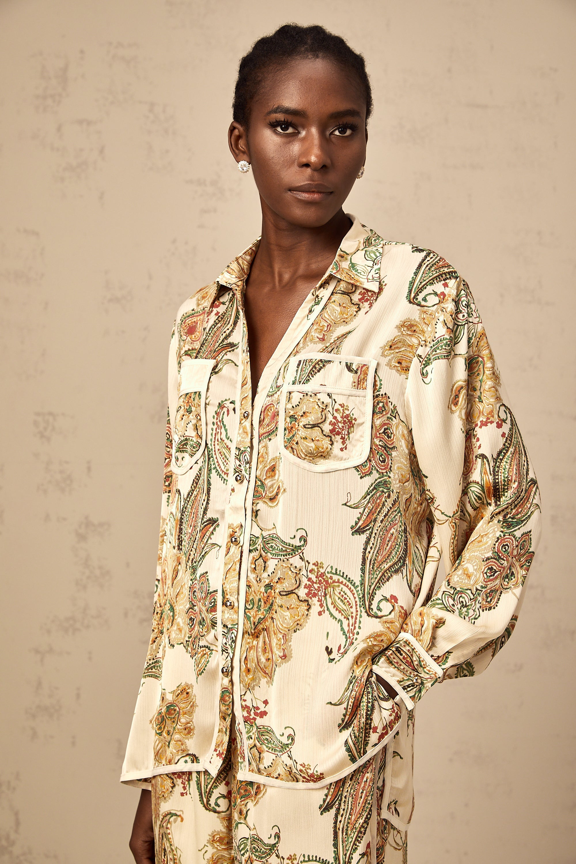 Agnès neutrals floral-print shirt & trousers matching set