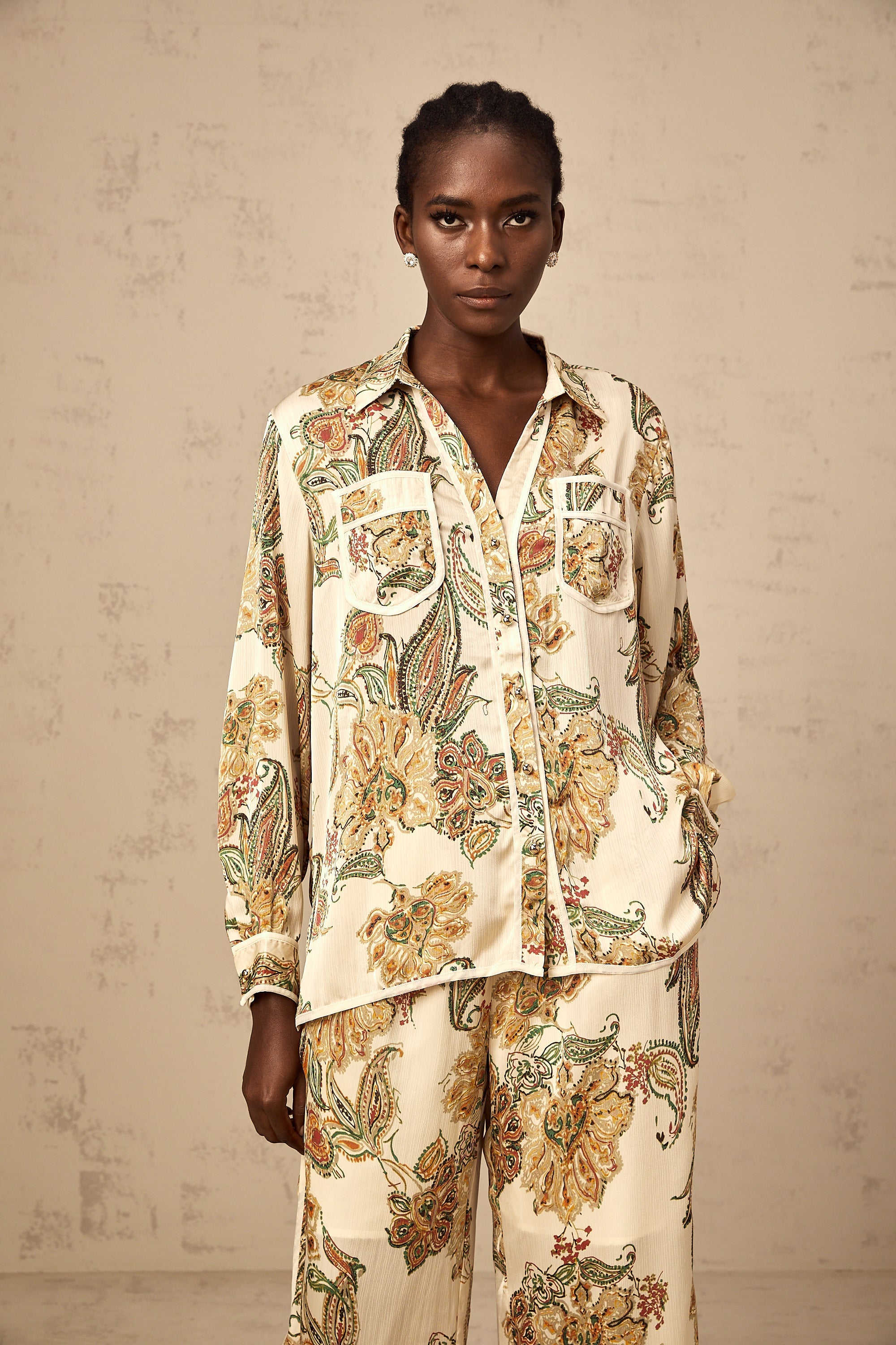 Agnès neutrals floral-print shirt & trousers matching set