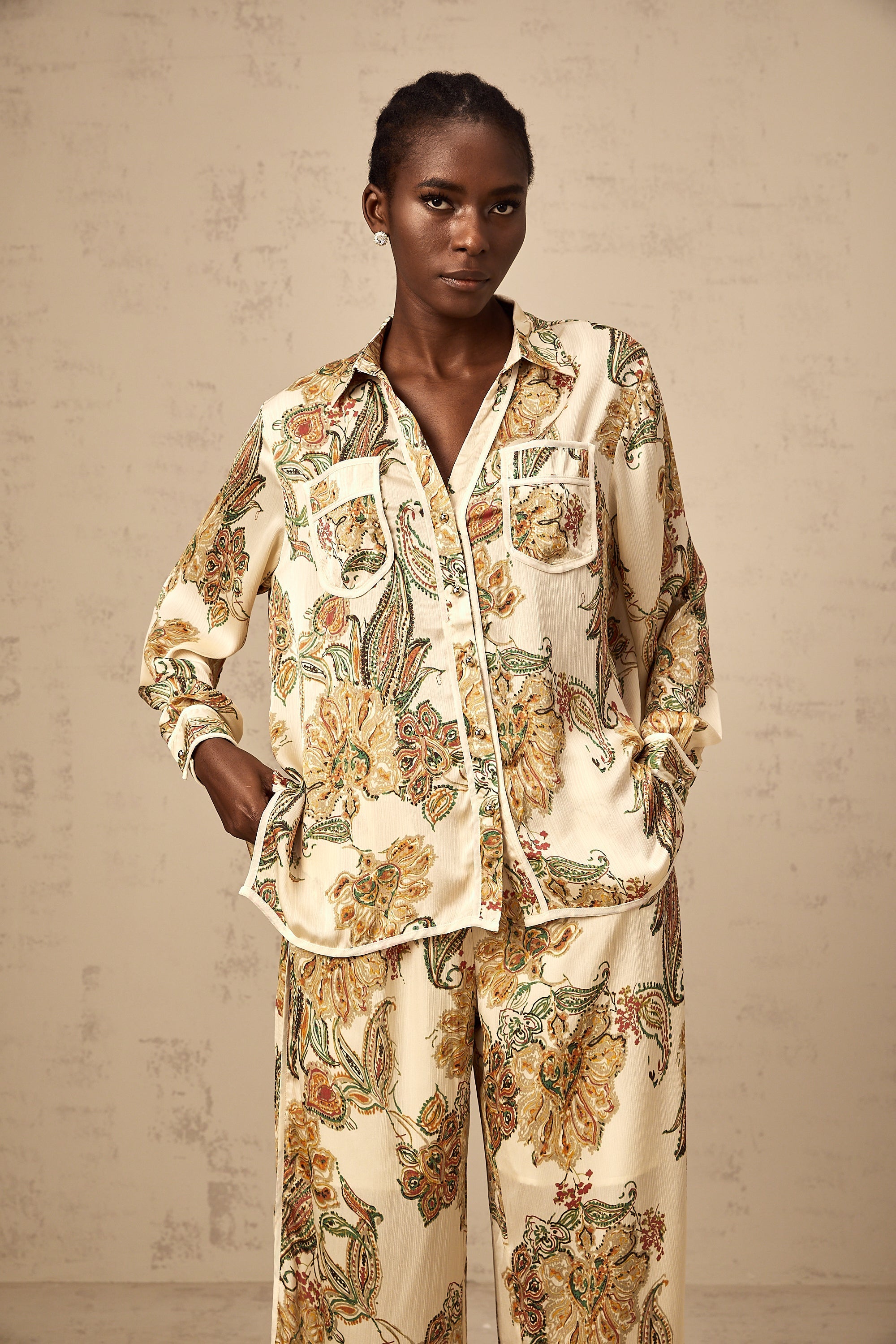 Agnès neutrals floral-print shirt & trousers matching set