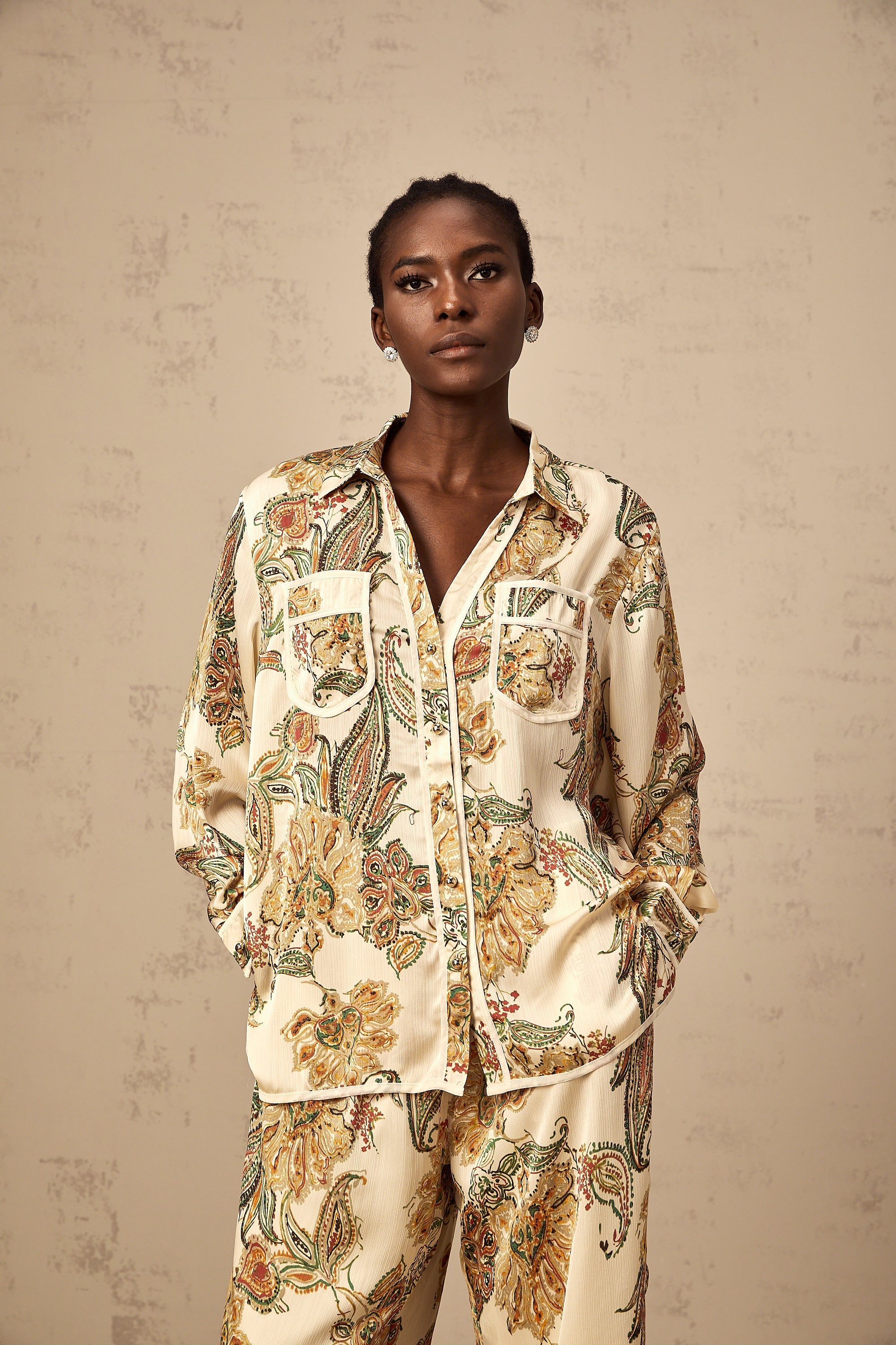 Agnès neutrals floral-print shirt & trousers matching set