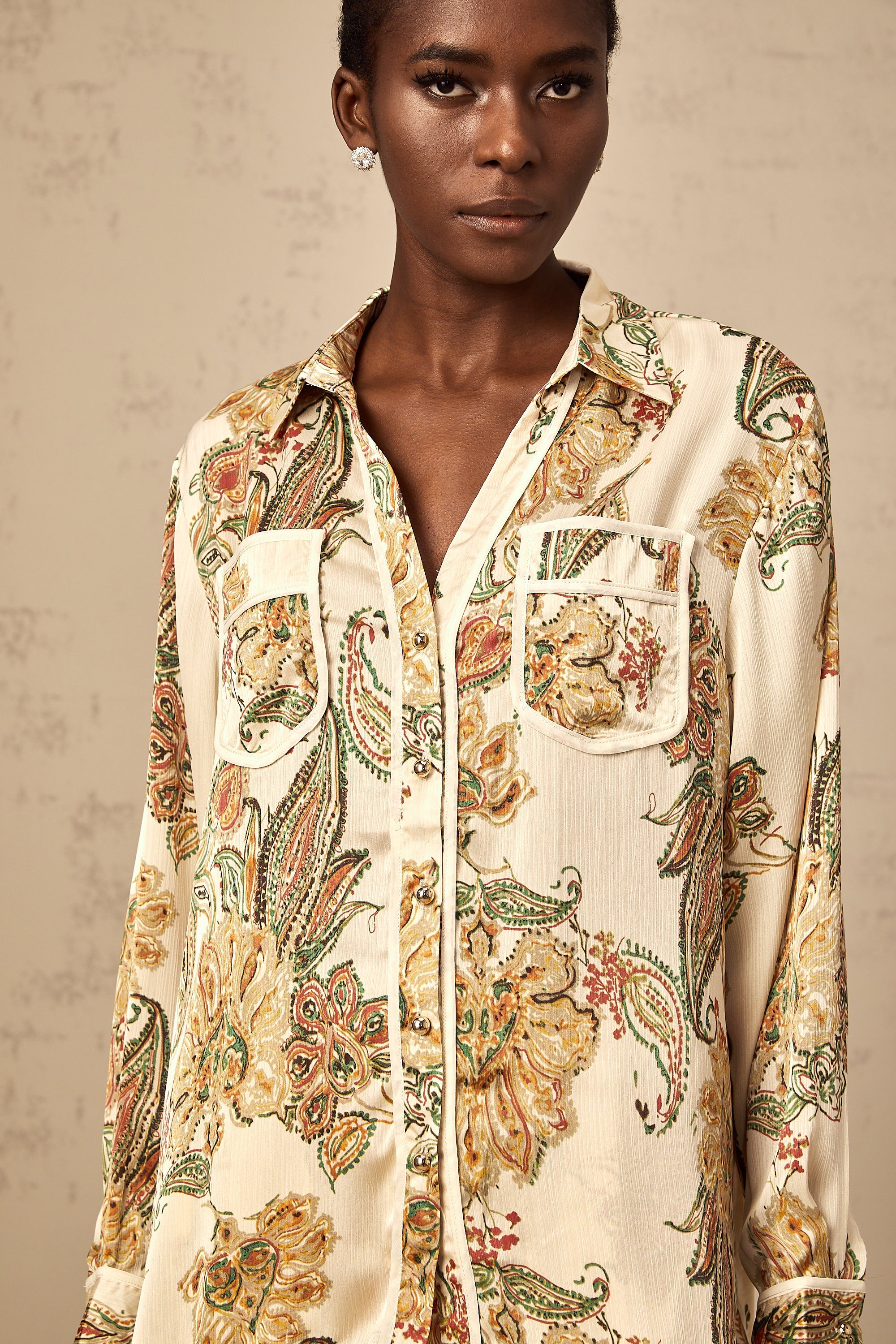 Agnès neutrals floral-print shirt & trousers matching set