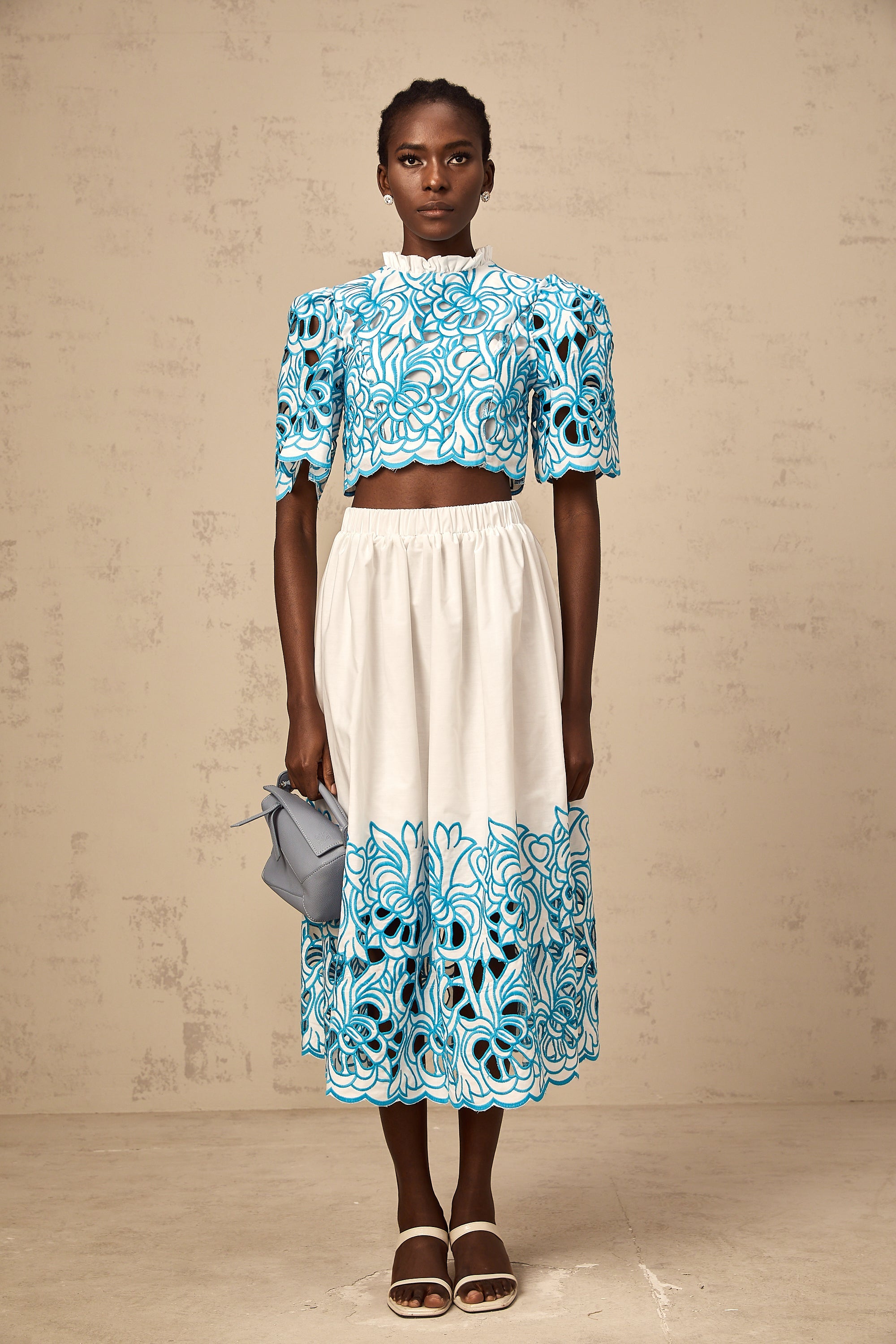 Aurore blue cut-out embroidered top & skirt matching set (Final Sale-US Only)