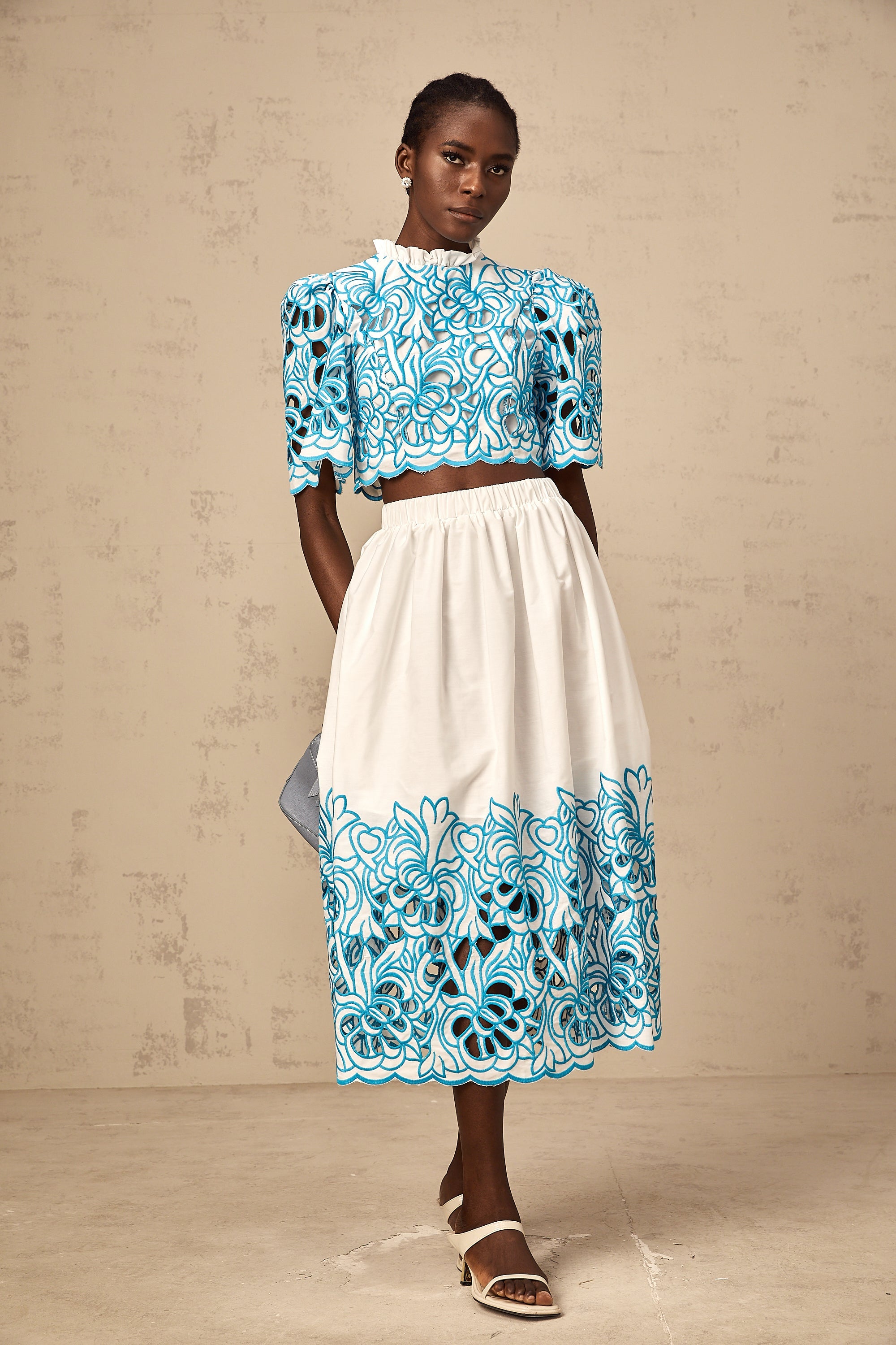 Aurore blue cut-out embroidered top & skirt matching set (Final Sale-US Only)