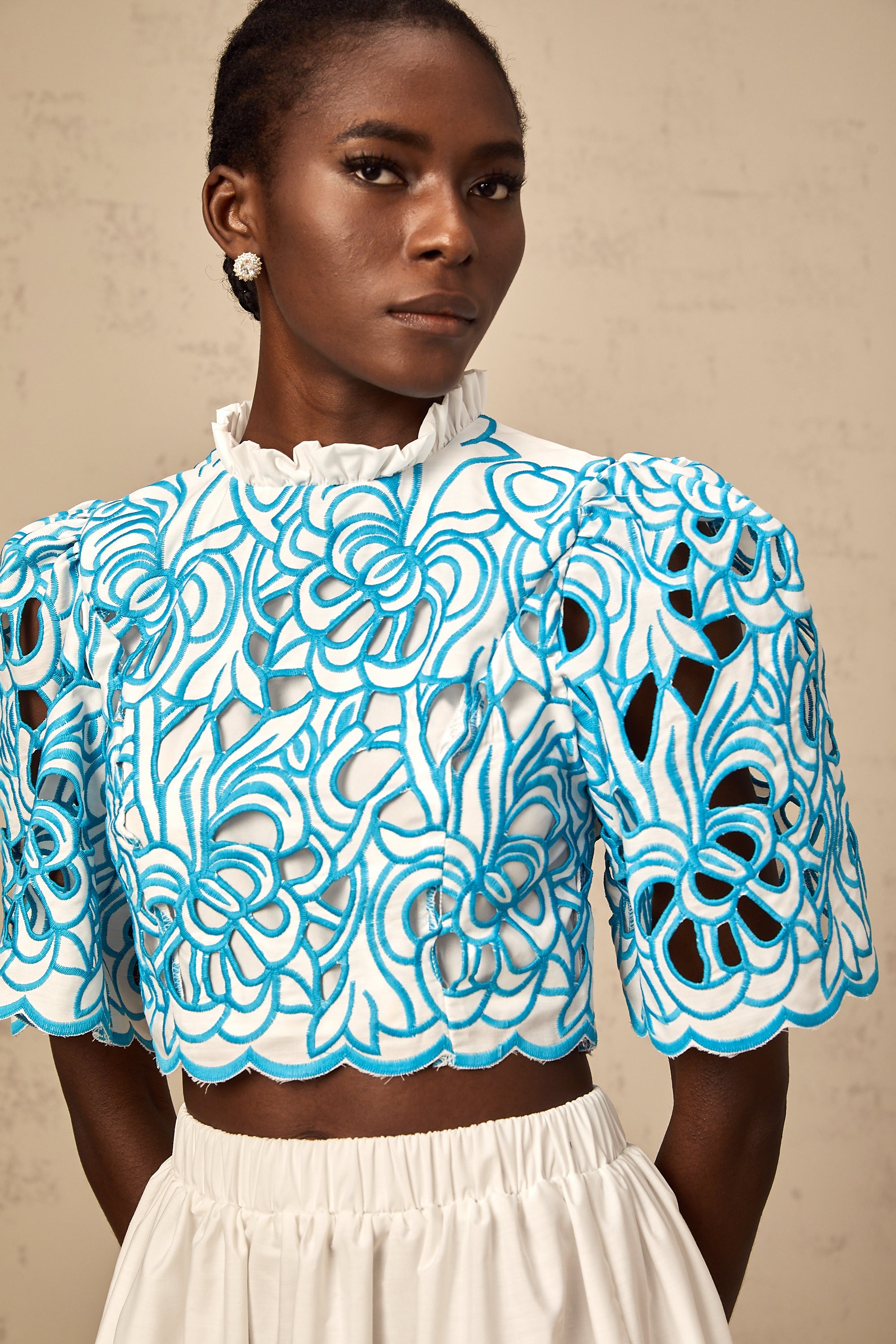 Aurore blue cut-out embroidered top & skirt matching set