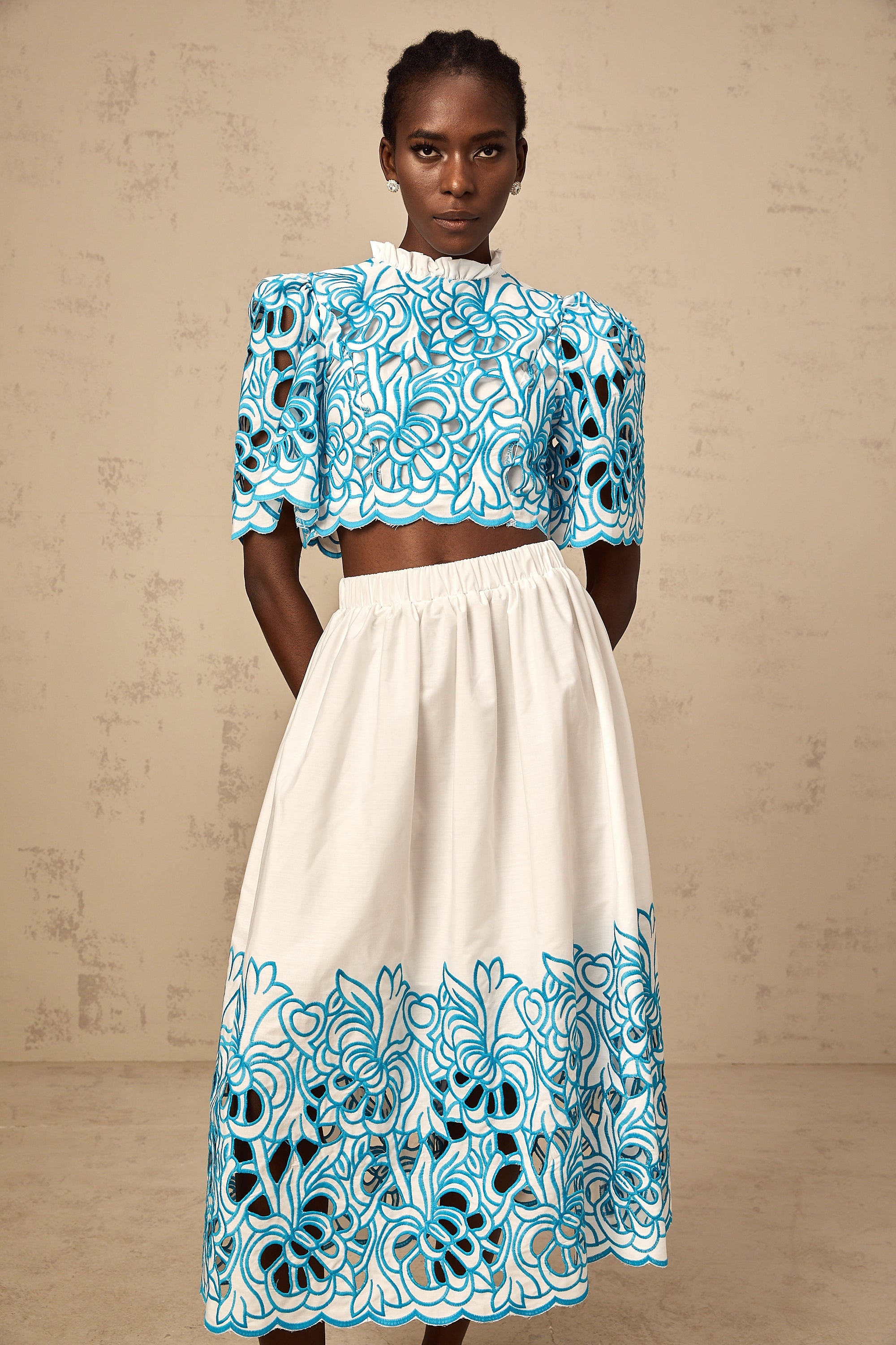 Aurore blue cut-out embroidered top & skirt matching set (Final Sale-US Only)