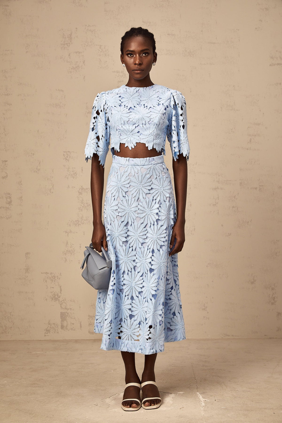 Audrey blue guipure-lace top & skirt matching set