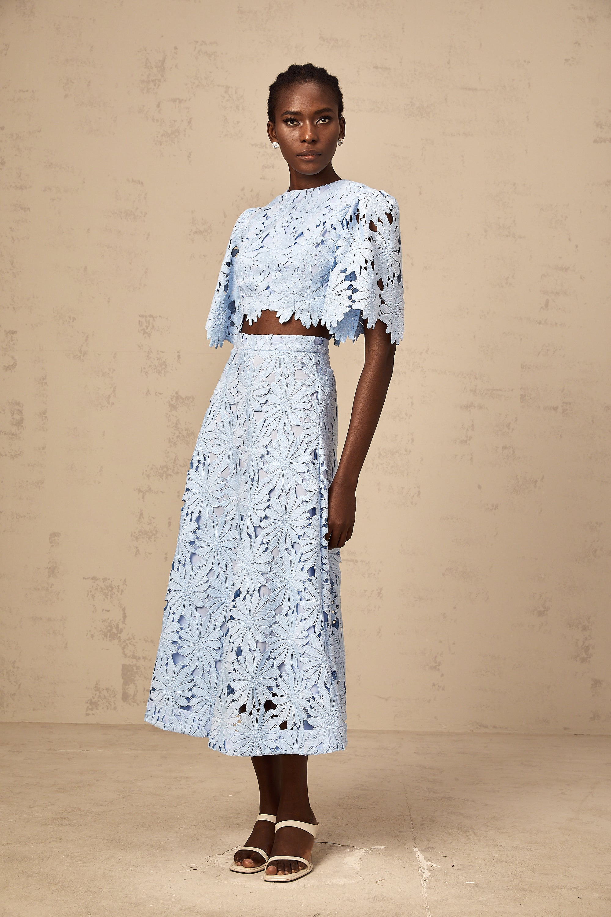 Audrey blue guipure-lace top & skirt matching set