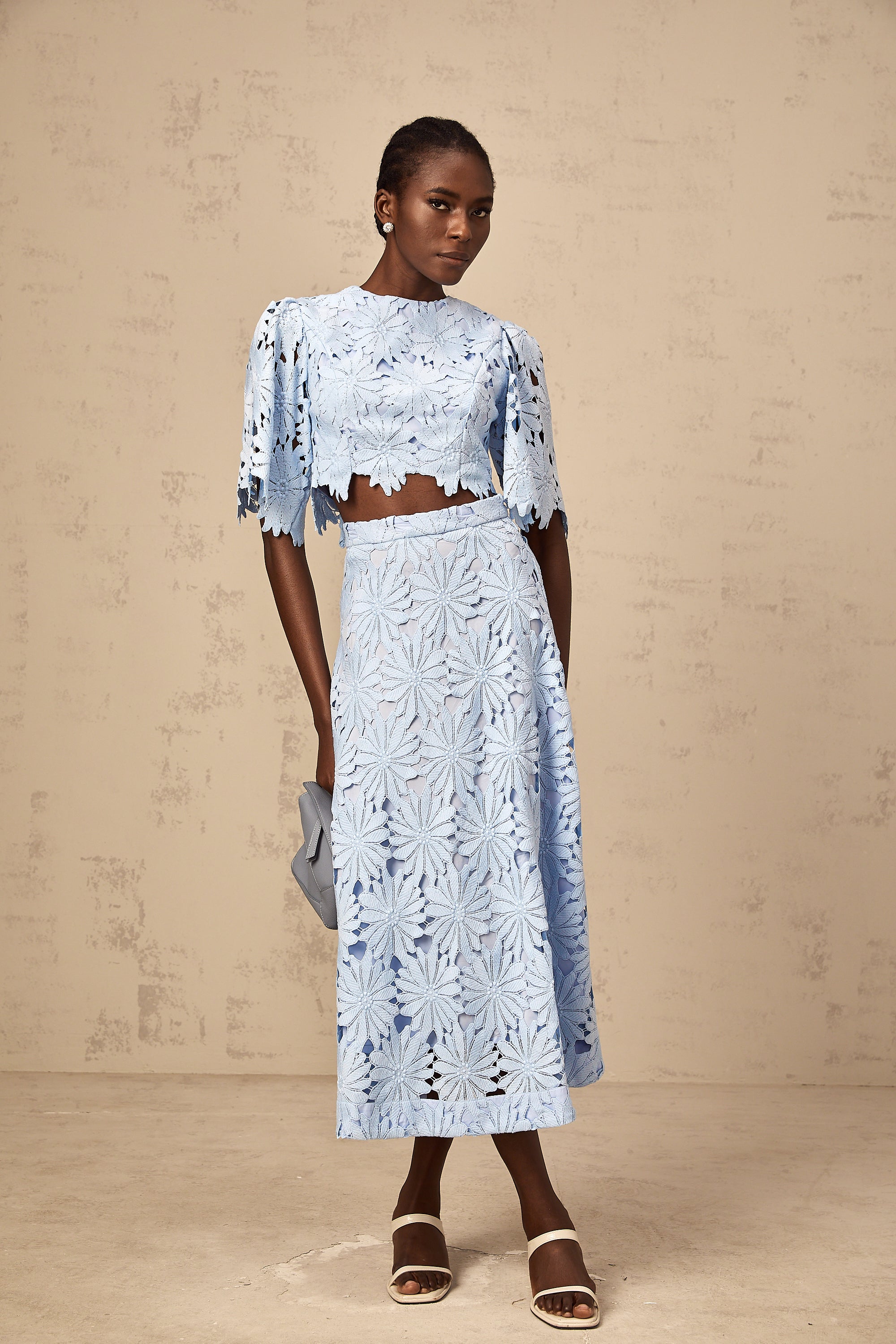 Audrey blue guipure-lace top & skirt matching set